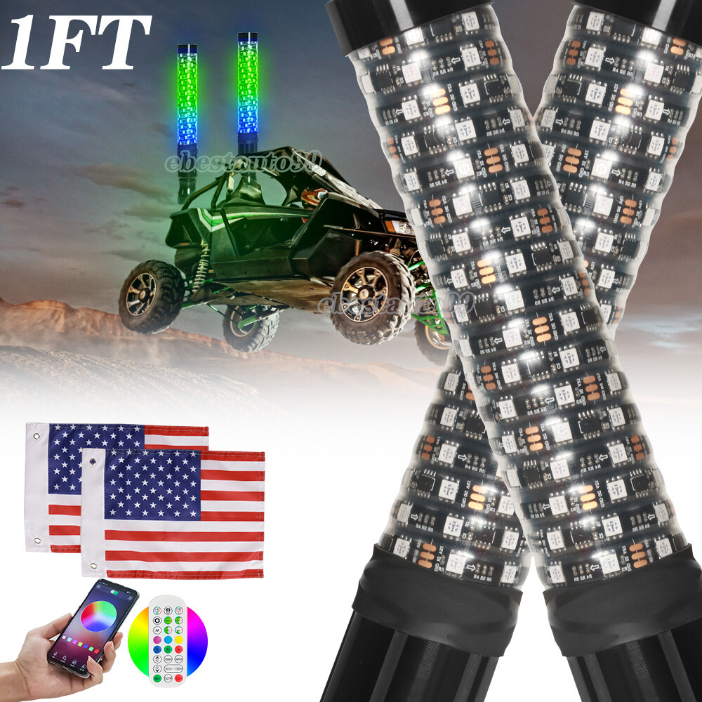 2PCS 1FT Fat LED Whip APP Controlled Antenas Whip Light for Polaris RZR ATV UTV