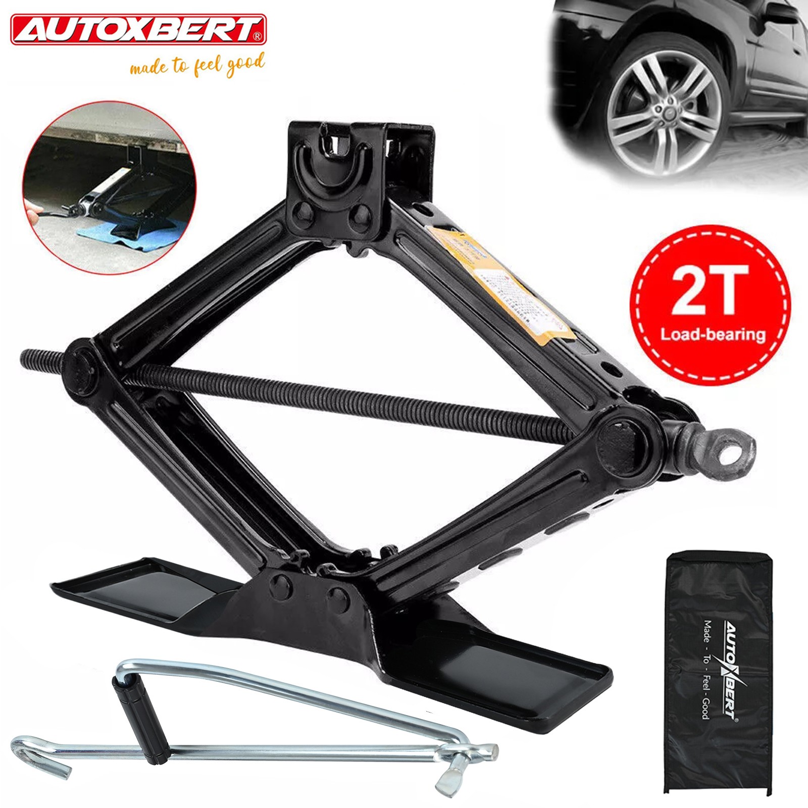 2 Ton 4,400 lb Heavy Duty Steel Scissor Car Jack w/ Crank Wrench & Storage Bag