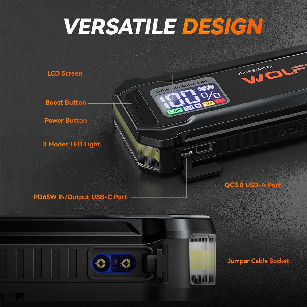 WOLFBOX Car Jump Starter Booster Jumper Box Power Bank Battery Charger Black NEW
