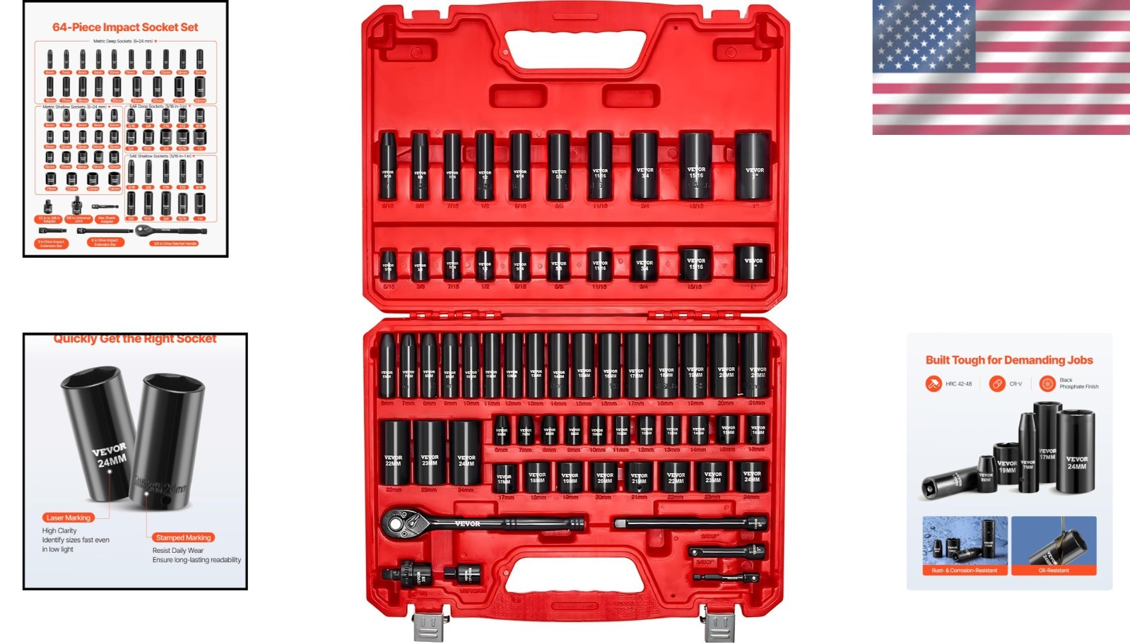 Durable 64-Piece Impact Socket Set – Chrome Vanadium Steel & Easy-Read Markings
