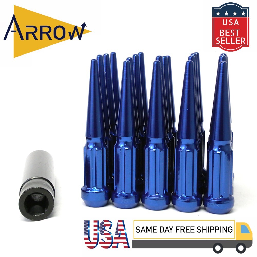24x 4.5″ Blue M14x2 Spline Extra Safety Spike Lug Nut&Key Fit Ford Lincoln