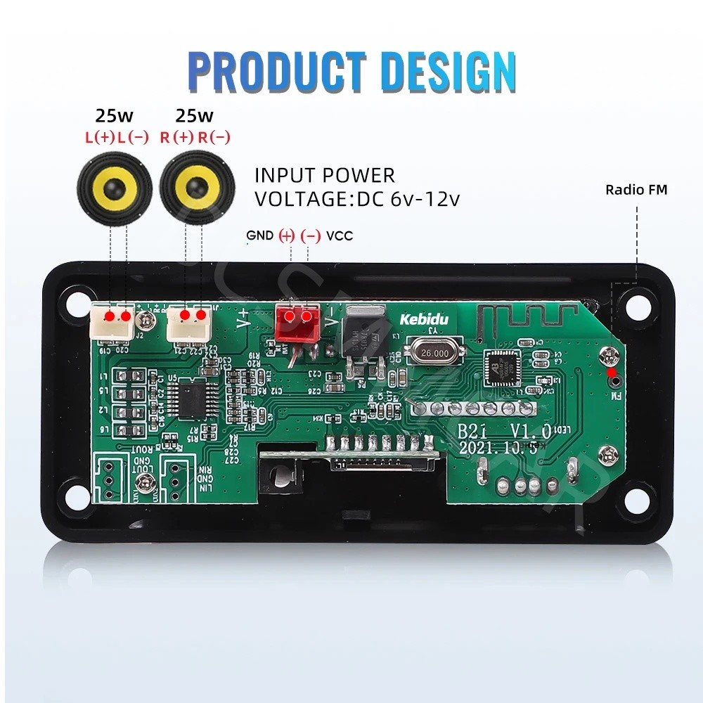 2x25W Amplifier Bluetooth 5.0 MP3 Player Decoder Board 12V Car FM Speaker Module