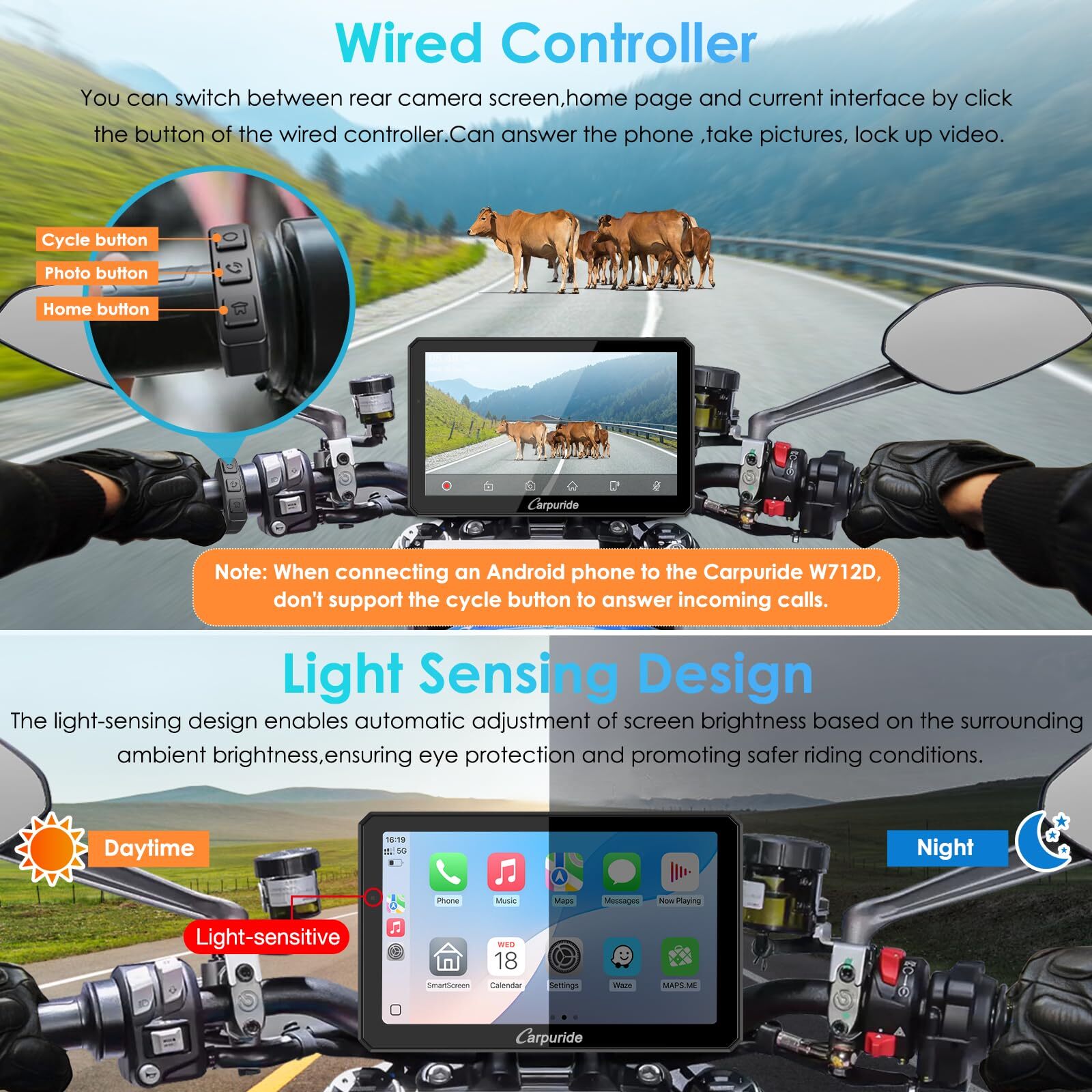 Carpuride W712D Moto CarPlay Android Auto Waterproof Touchscreen Wired Controlle