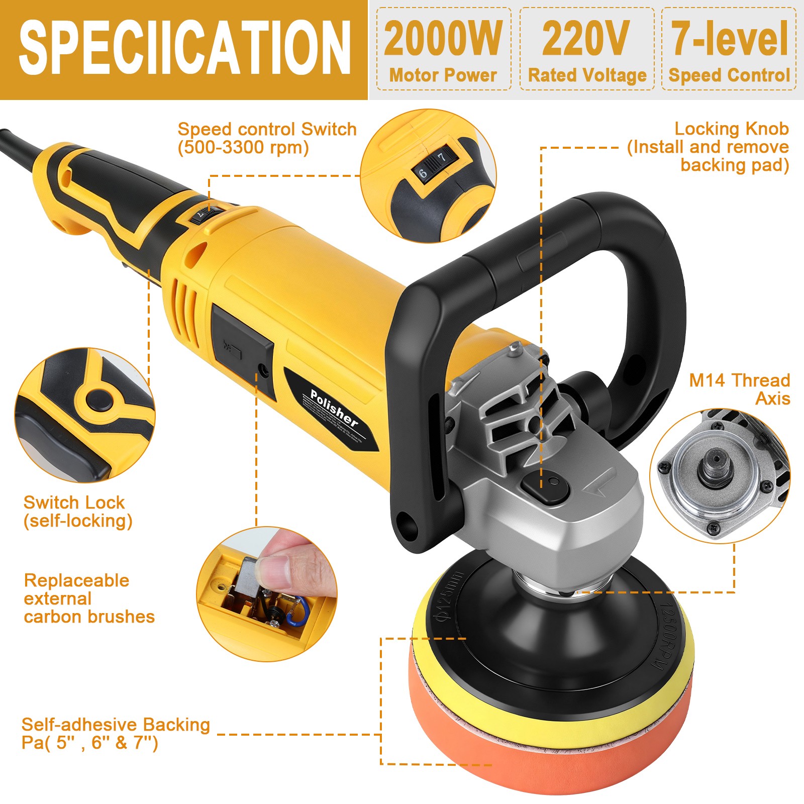 2000W Car Polisher Polishing Machine Kit Buffer Sander Variable Speed 5&6&7″ Pad