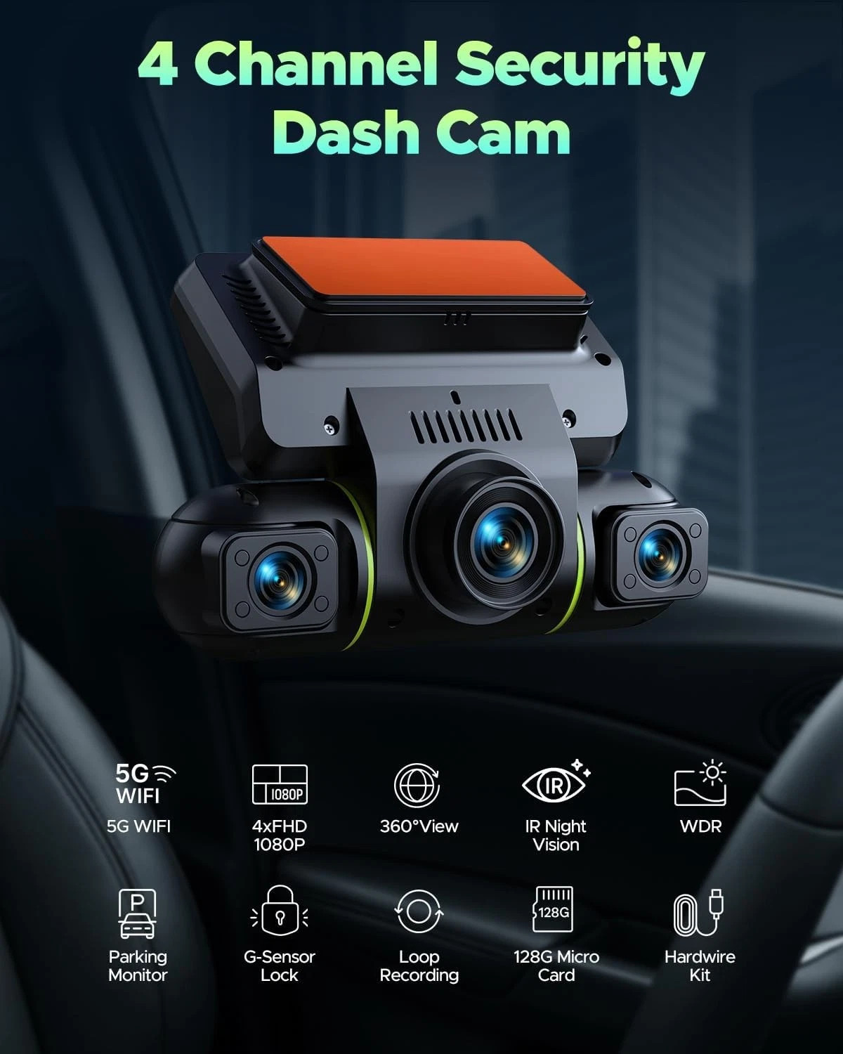 Dash Cam 4 Channel 360° Front Rear Inside DashCam, FHD 1080P Car Camera 128GB