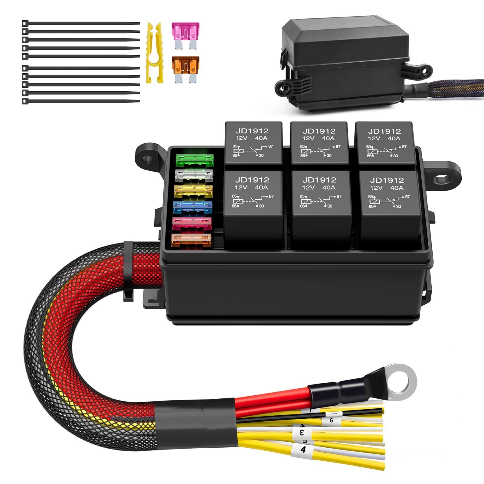 Universal 12V Waterproof Automotive 6 Way Pre-Wired 6 ATO Fuse Relay Box Block