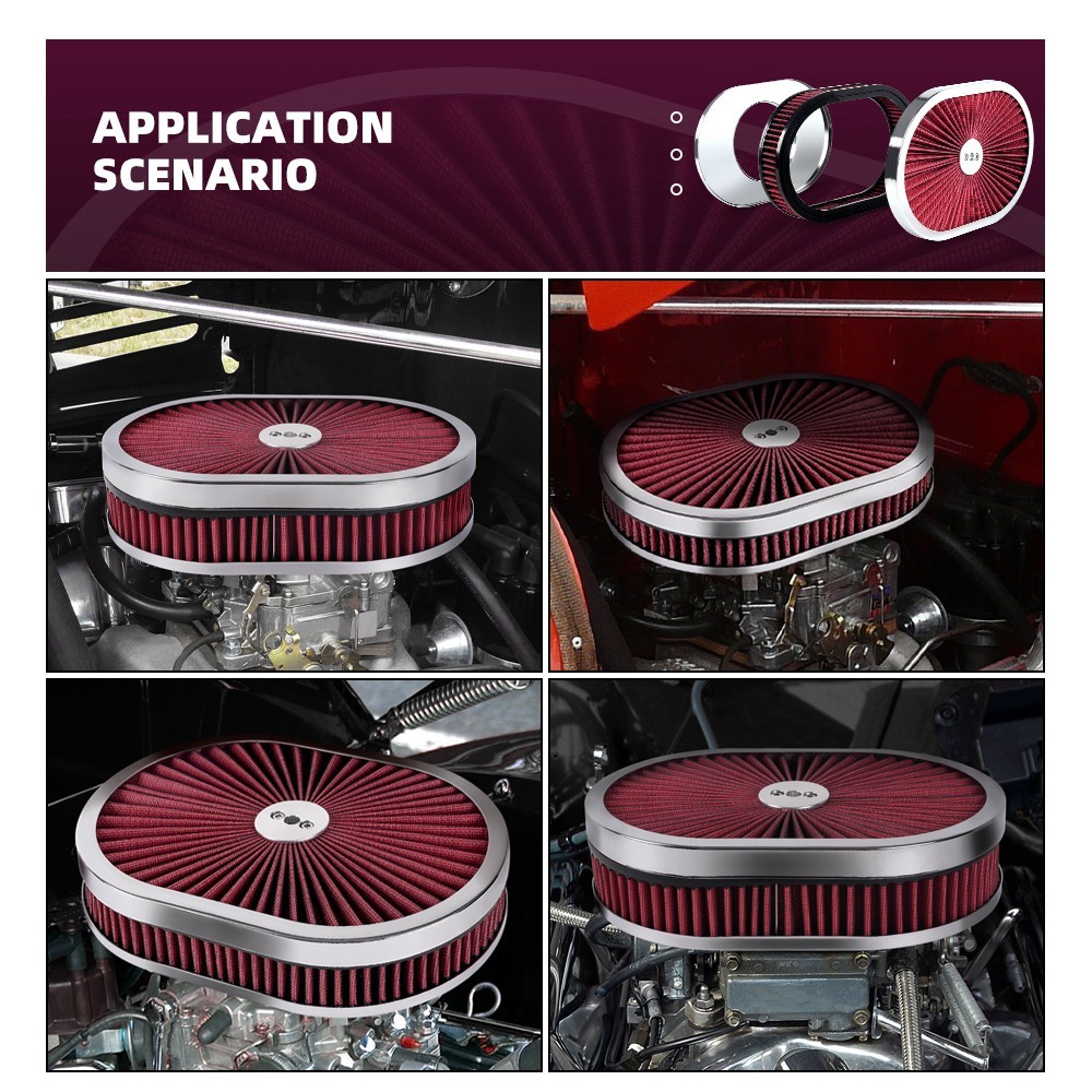 Air Cleaner Set 12″ Oval For 4-Barrel Carburetor 5-1/8″ Neck Washable Muscle