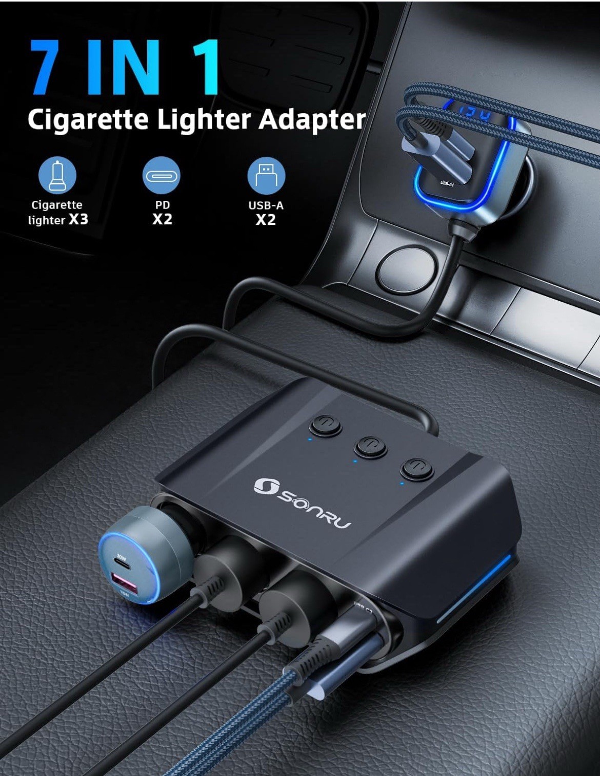7 in 1 Cigarette Lighter Splitter, SONRU 180W (max 192W) 3-Socket Car Cigarette