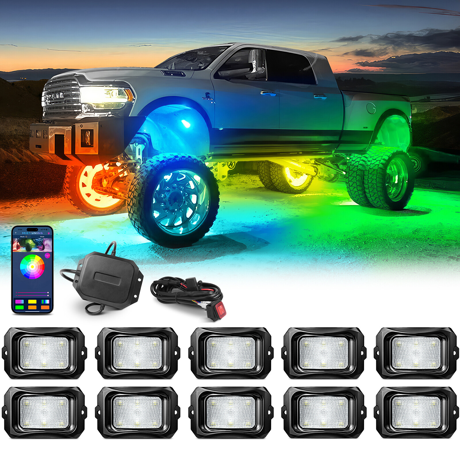 MICTUNING C2 RGB+IC Dream Color LED Rock Lights Kit, 8-24 Pods Underglow Lights