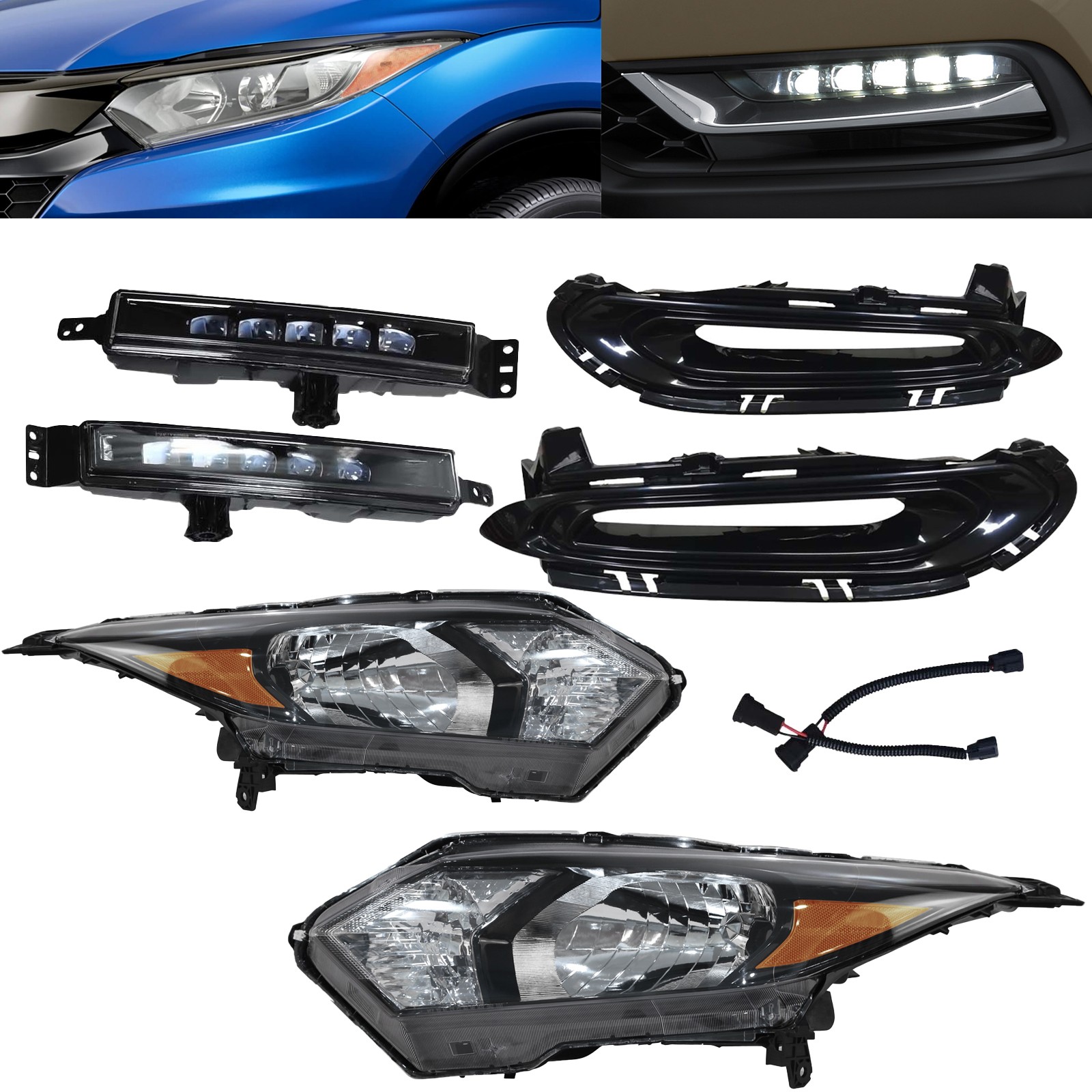 For 2016 2017 2018 Honda HR-V HRV Halogen Headlights & Pair LED DRL Fog Lights
