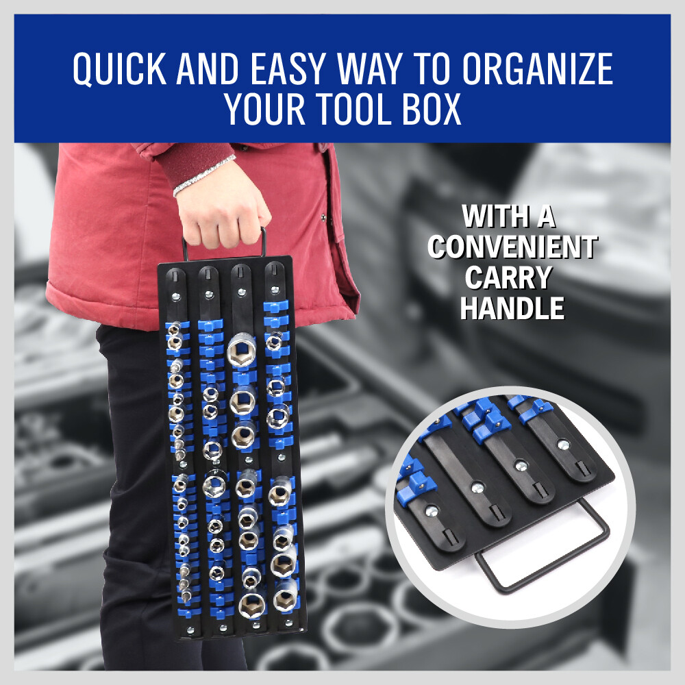 Portable Drive Socket Holder Organizer Metal Tray 80pc ABS Clip Rail 1/4 3/8 1/2