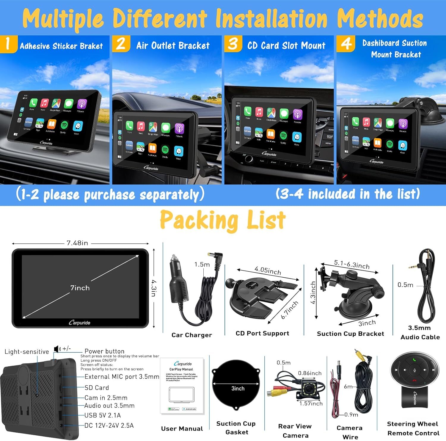 Carpuride Wireless Carplay Android Auto Mirror Link Dual Bluetooth W/Backup Cam
