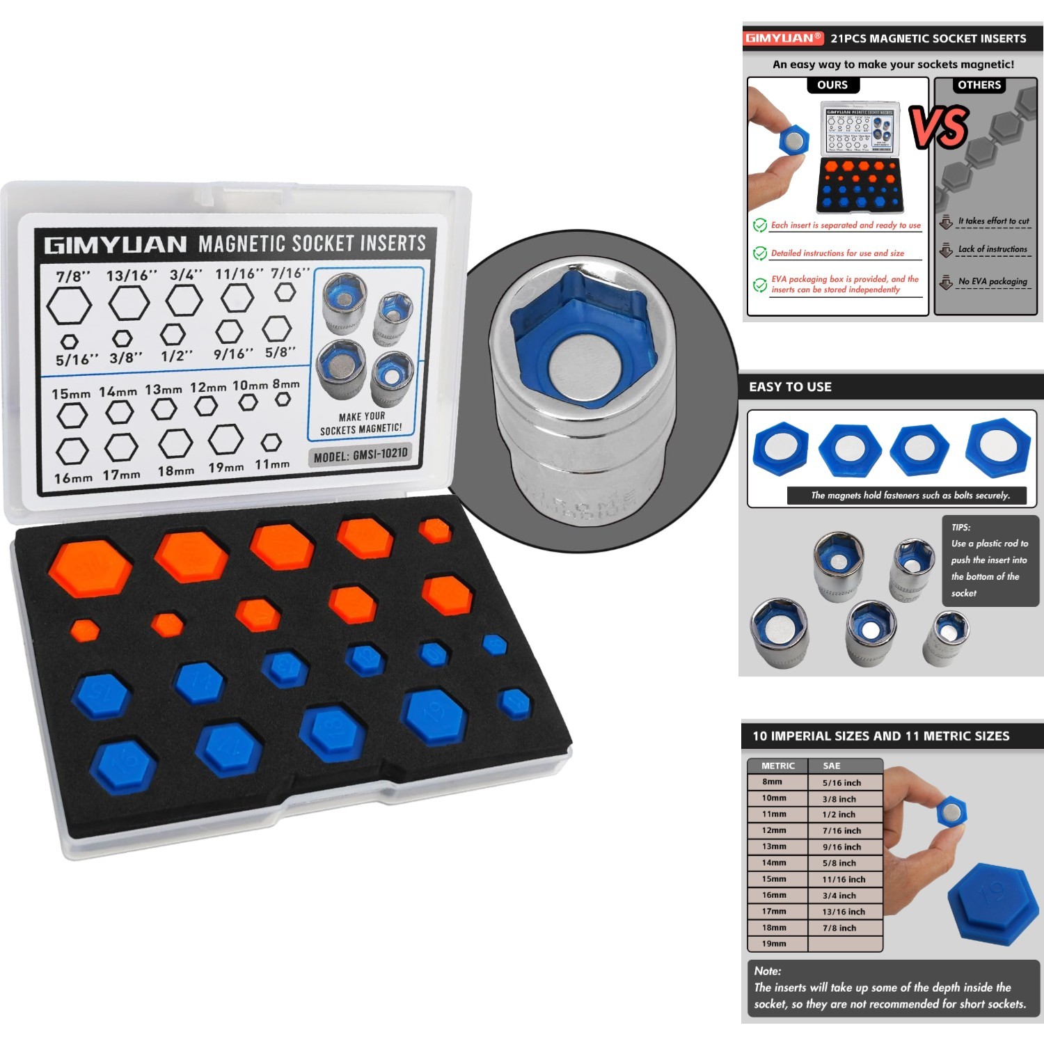 21PC Magnetic Socket Inserts SAE & Metric 5/16-7/8″ 8-19mm Universal Bolt Holder
