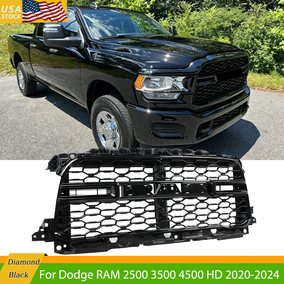 Painted PXJ Diamond Black Grille For 2019-2024 Ram 2500 3500 4500 HD Tradesman