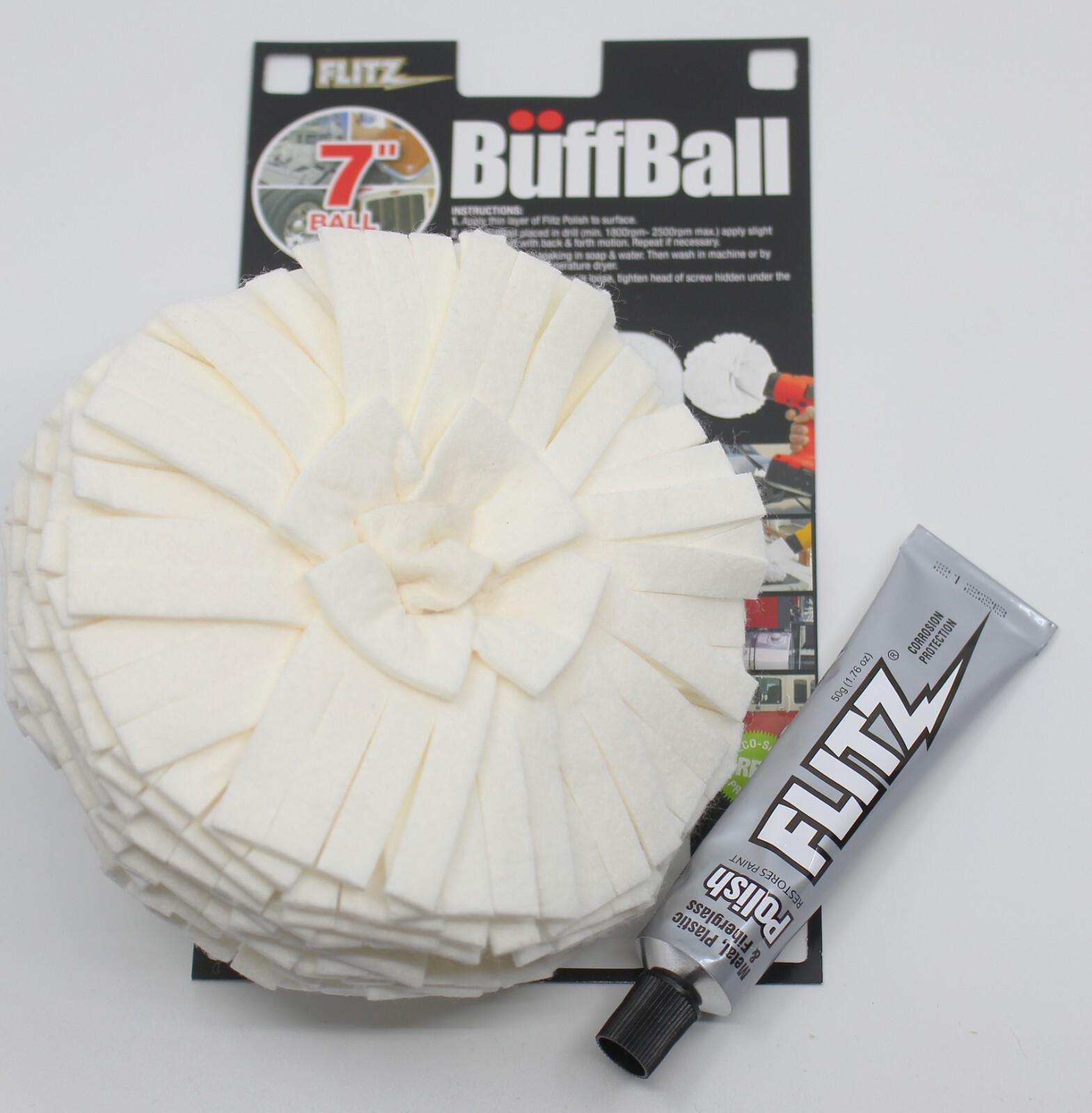 FLITZ EXTRA LARGE 7″ BUFF BALL w/1.76oz Metal, Plastic & Fiberglass Polish