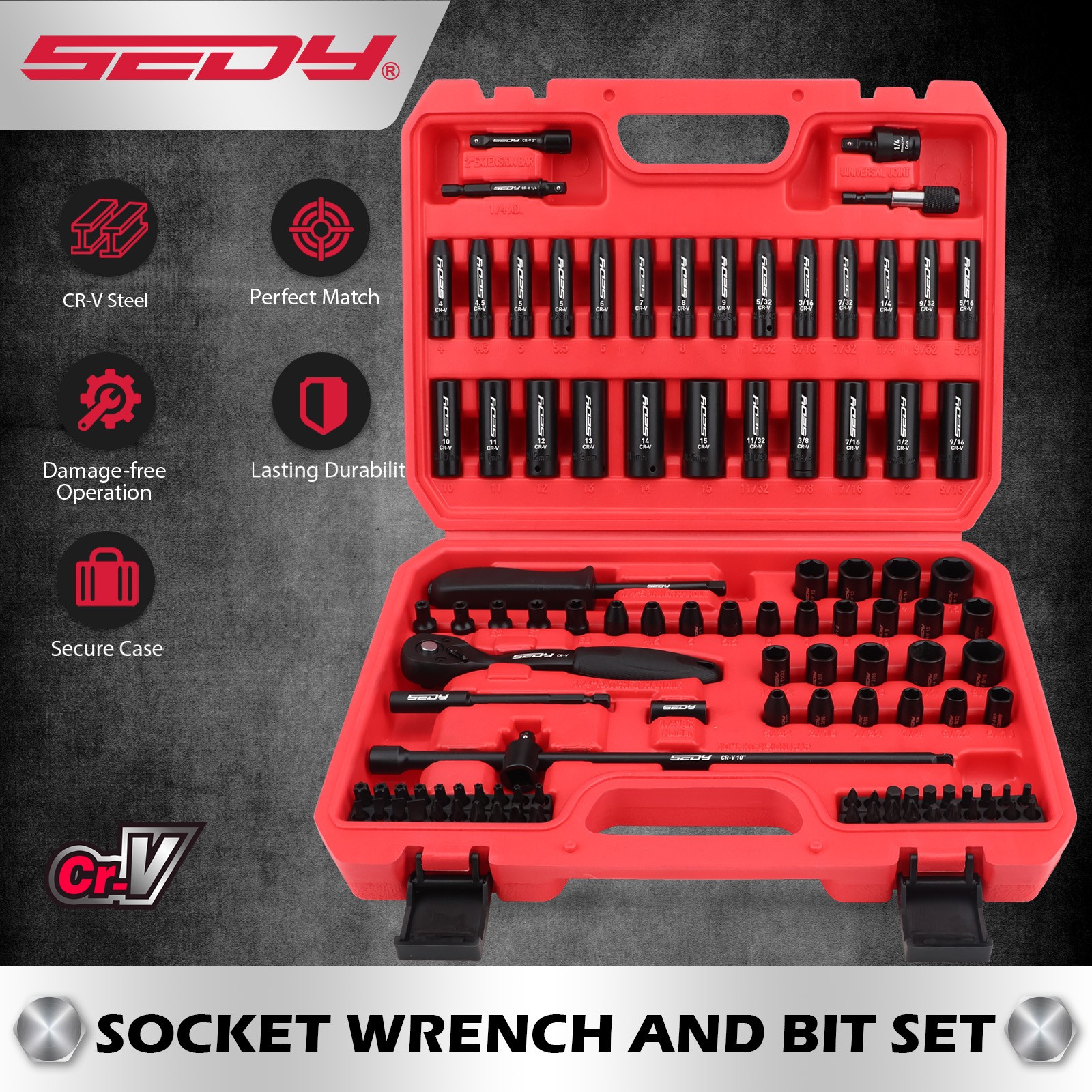 105PC 1/4″ Impact Socket Set w/ Ratchet Wrench Adapters Bits Extension Bar