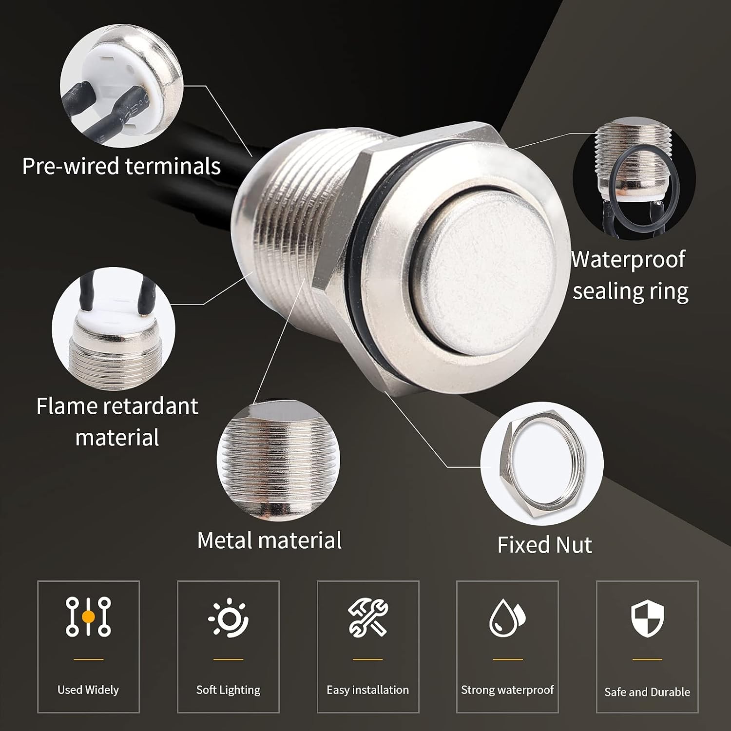 5pcs IP65 Waterproof 12mm Momentary Push Button Switch, Stainless Steel Shell