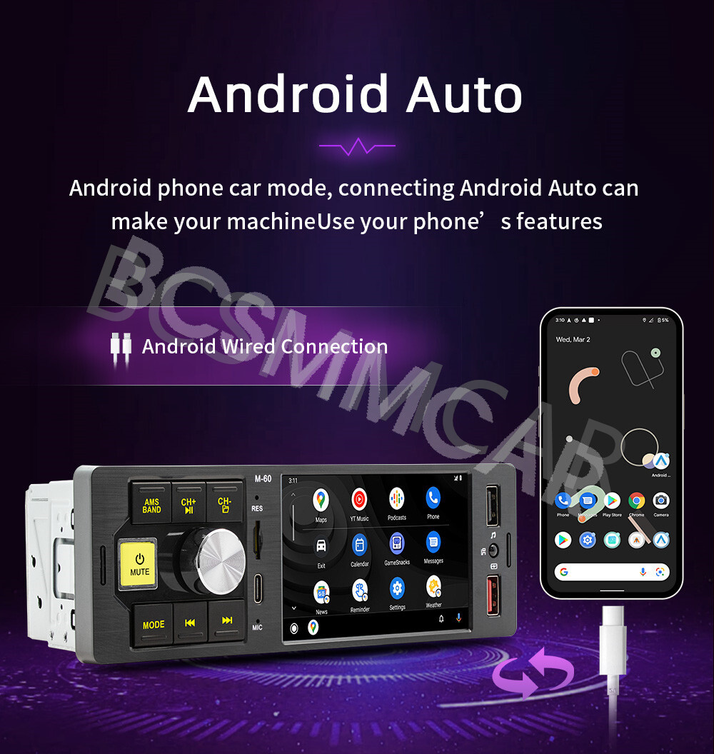 Bluetooth Radio Car Stereo Touch Screen MP5 Player Head Unit Type C USB Charger