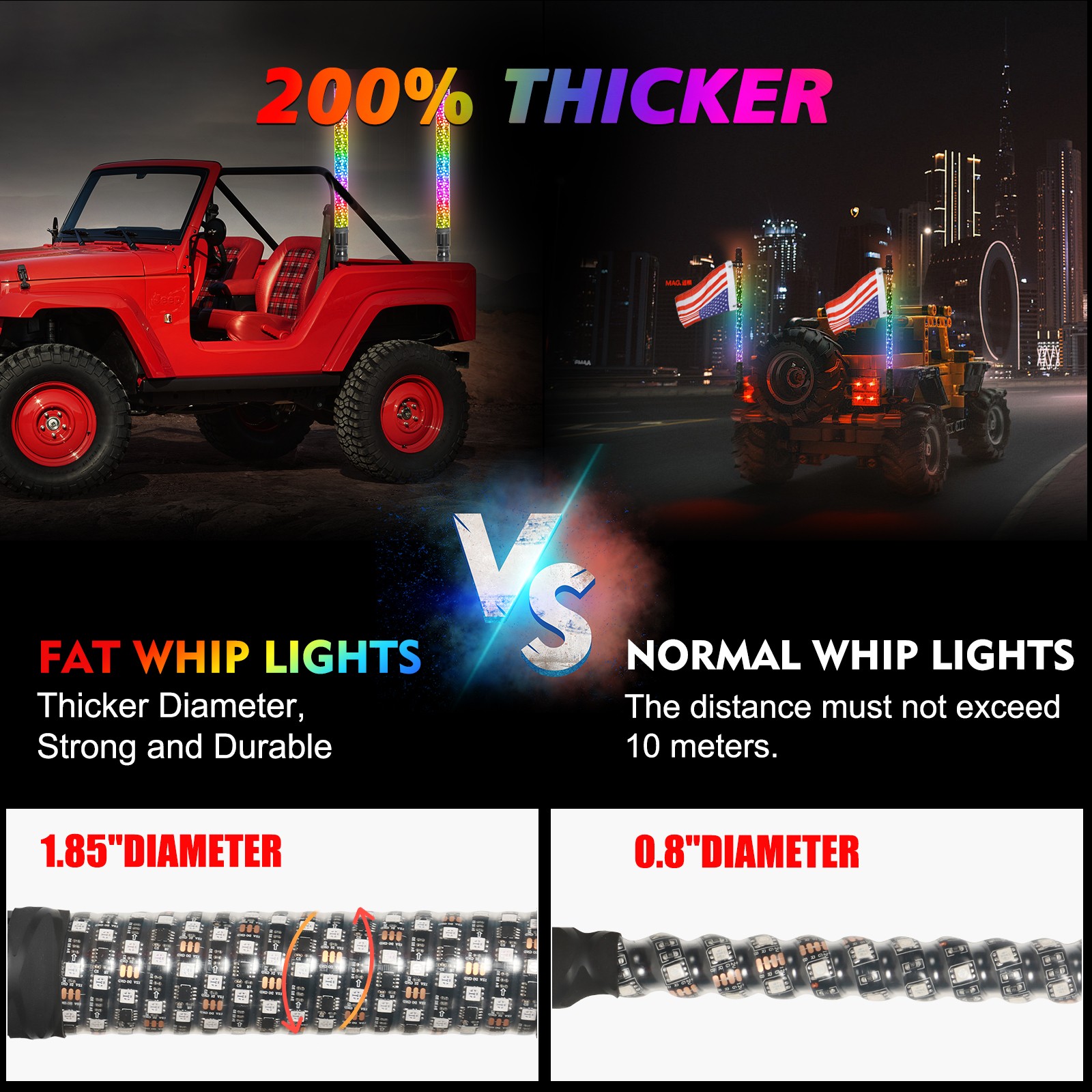 2PCS 2FT Fat LED Whip APP Controlled Antenas Whip Light for Polaris RZR ATV UTV