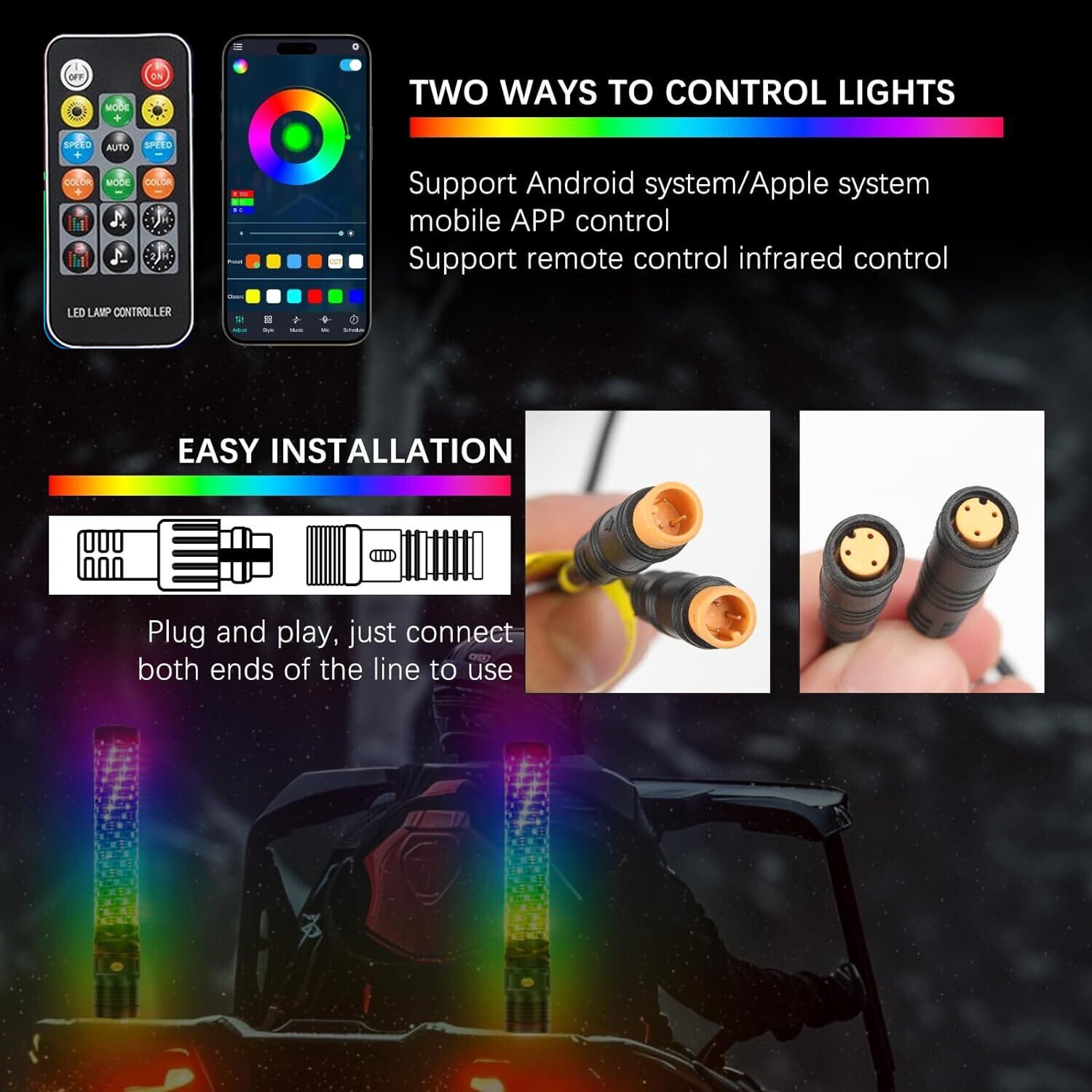2X2FT RGB Fat Spiral Whip Lights For Polaris RZR PRO XP Kawasaki TERYX KRX4 1000