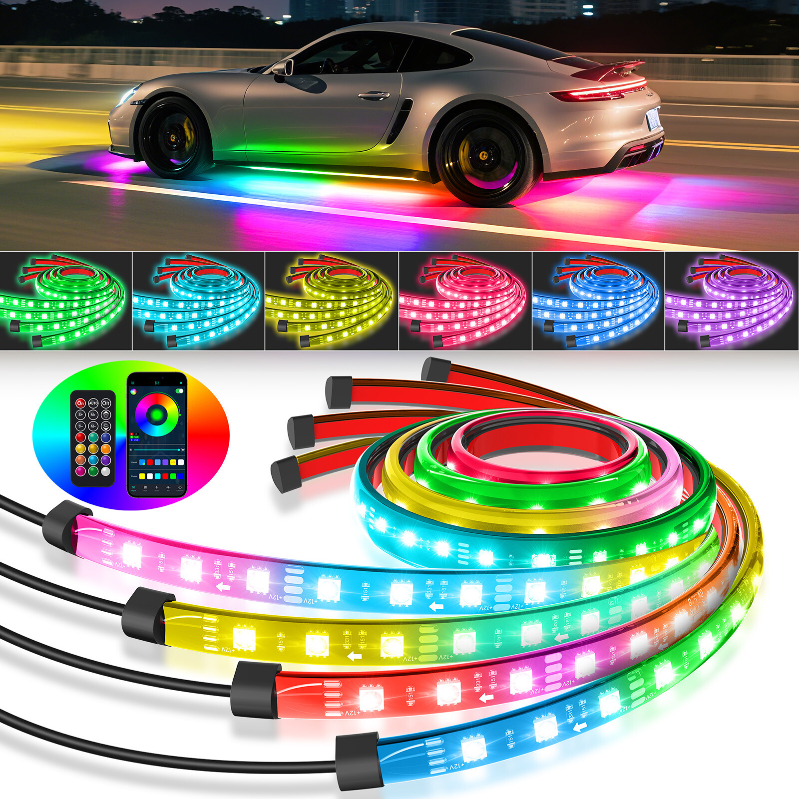 4PCS Car LED Underglow Lights Car Underglow Neon Accent Strip Lights Dream Color