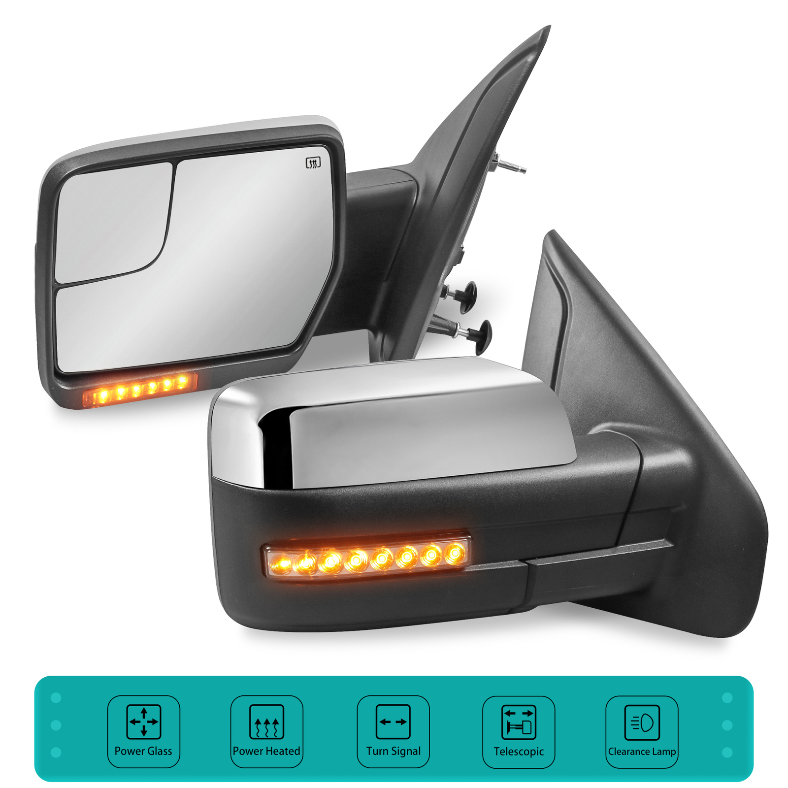 1 Pair Chrome Tow Side View Mirrors For 04-14 Ford F-150 with Sequential Signal