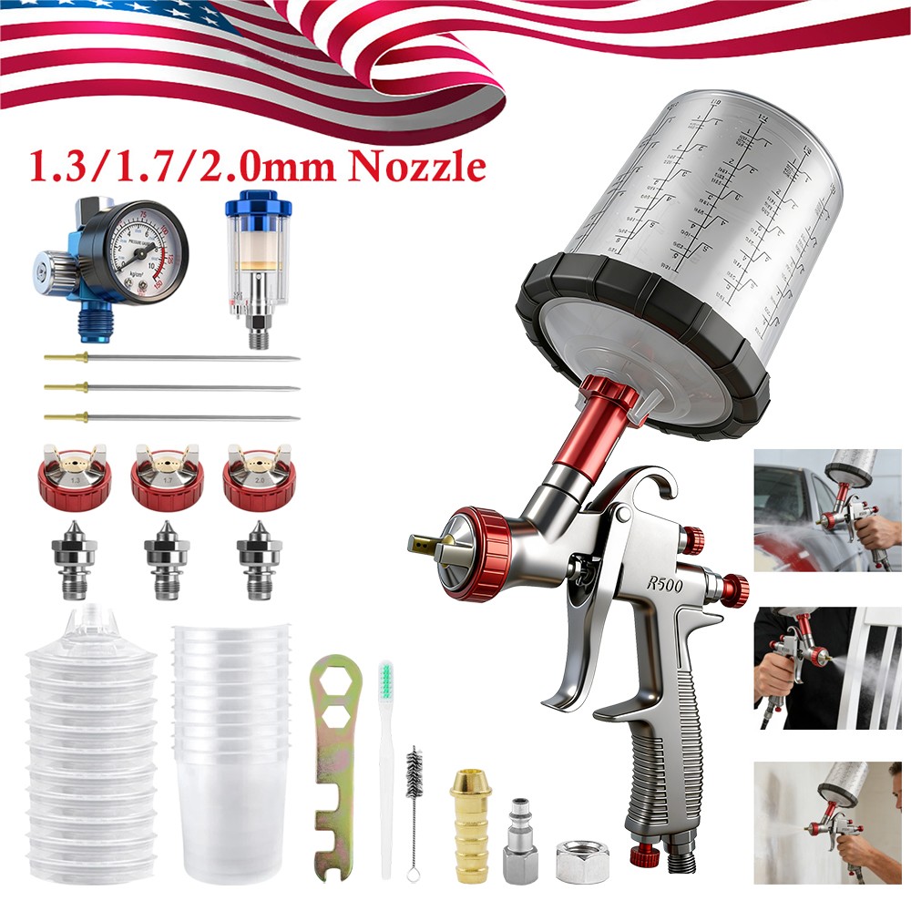 R500 LVLP Spray Gun Kit w 1.3/1.7/2.0mm Nozzle for Painting Cars, Furniture, DIY