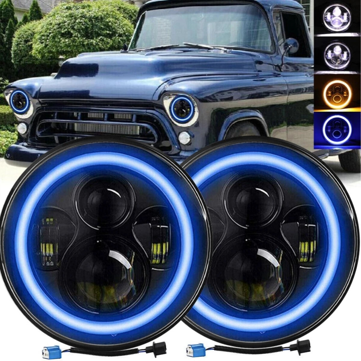 Pair 7″ inch Round LED Headlights Hi/Lo Beam DRL Halo For Chevy Truck Camaro C10