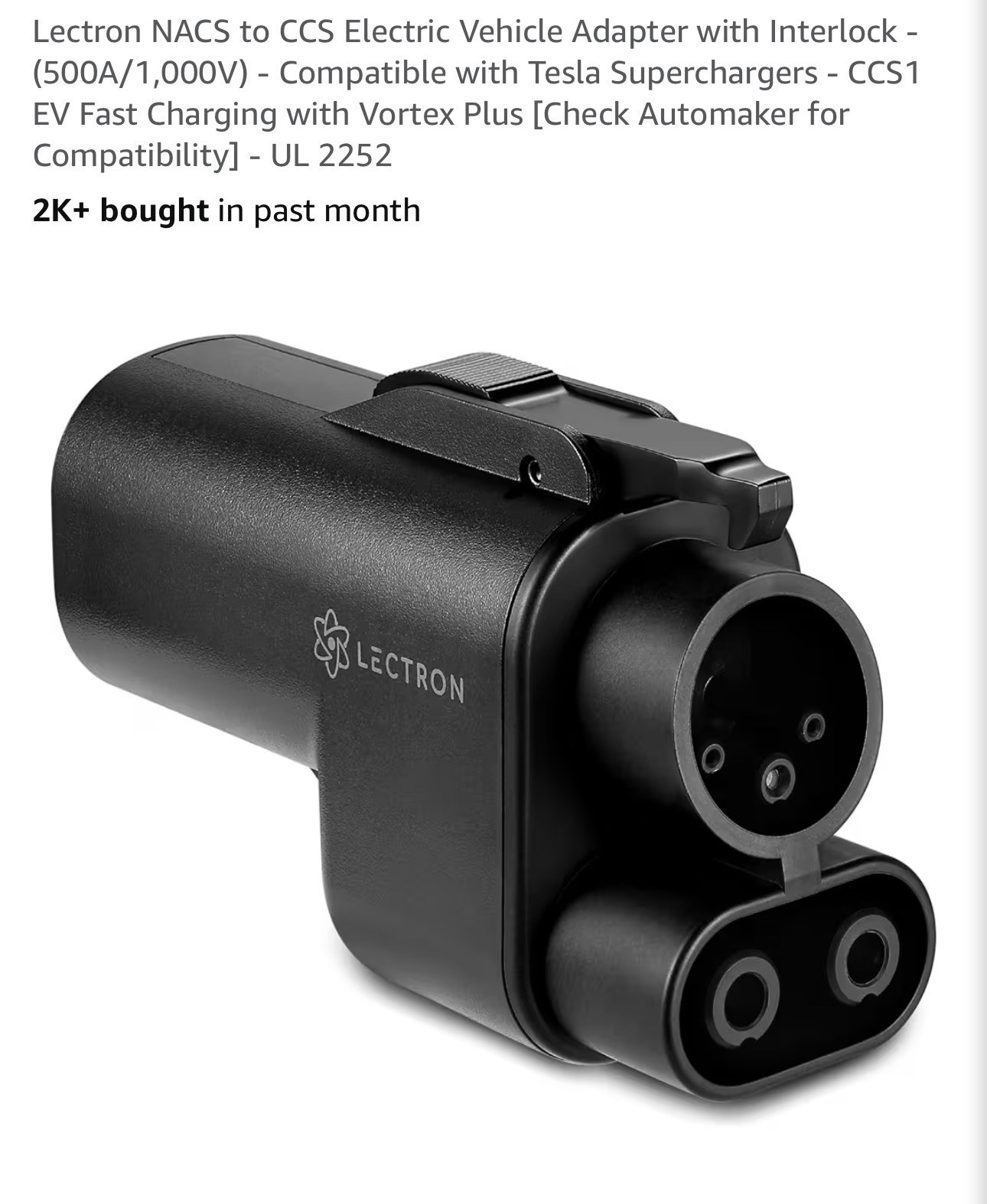 Lectron NACS to CCS Electric Vehicle Adapter with Interlock – (500A/1,000V)
