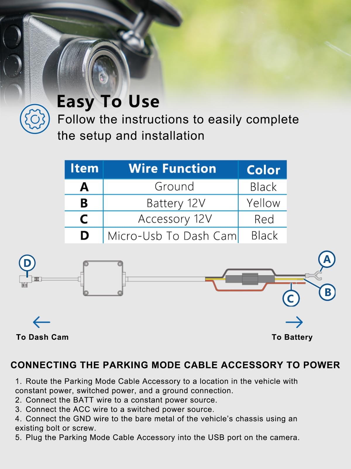 For Garmin Dash Cams Parking Mode Cable 12V-24V Power Cord 010-12530-03