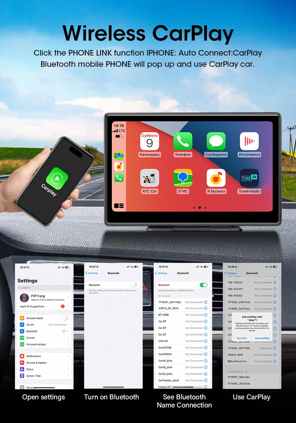 10 Inch DVR 4K Dashcam Wireless Carplay Android Auto Dual Lens Camera