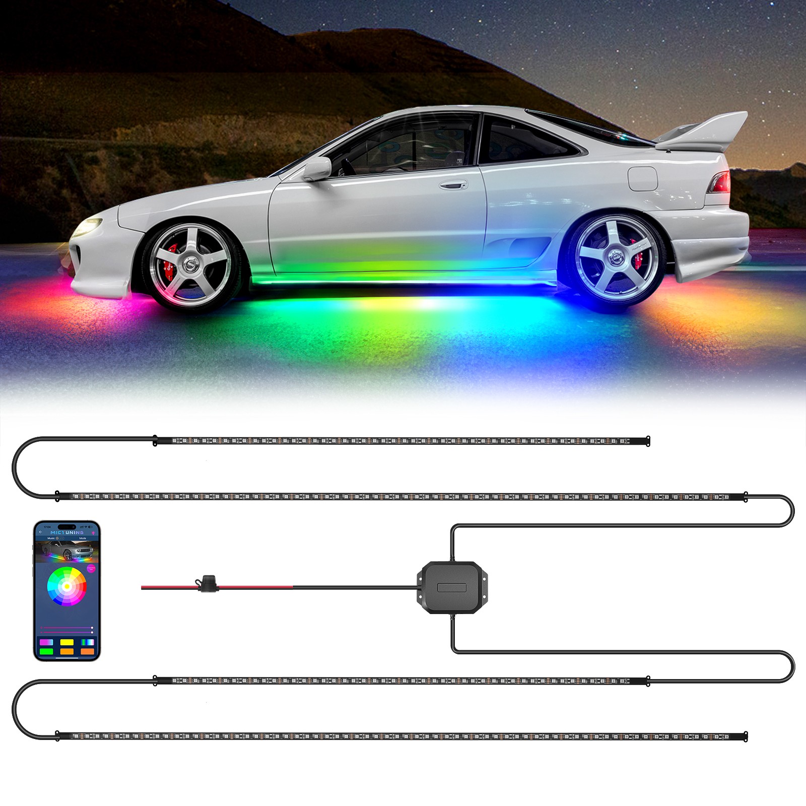 MICTUNING RGB+IC Underglow LED Neon Kit Dream Color Light Strips For Cars/Trucks
