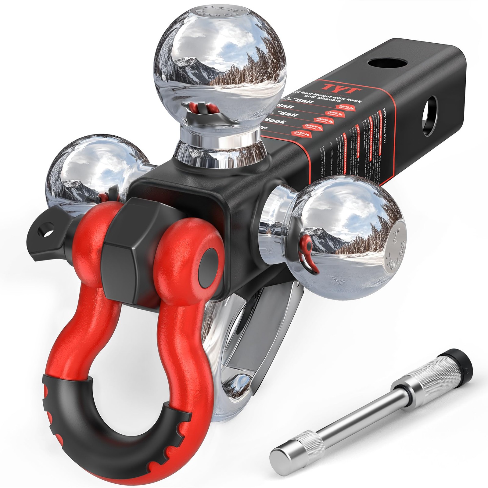 Tri Ball Hitch Trailer Mount w/ Lock, Tow Hook & Clevis Shackle Fits 2″ Receiver