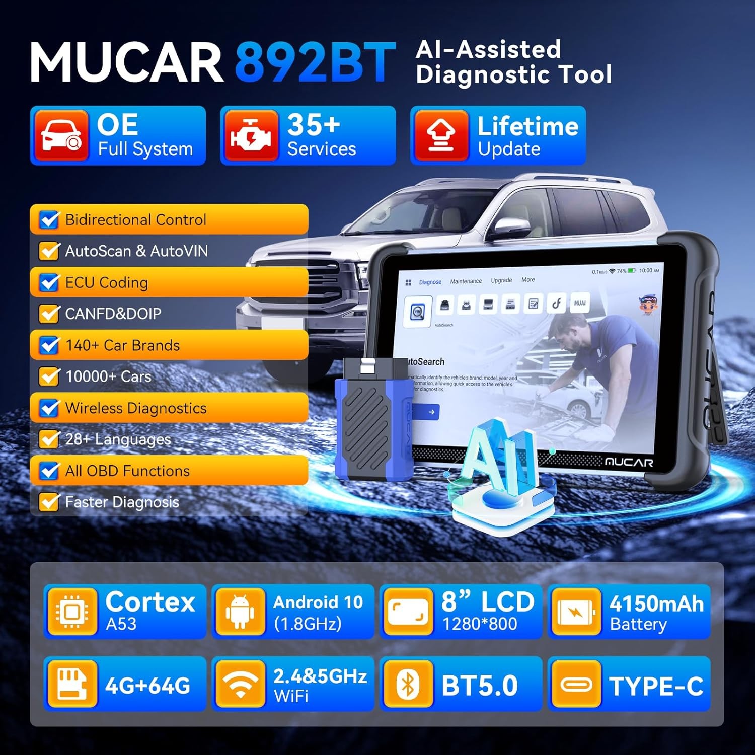 MUCAR 892BT TPMS OBD2 Scanner Diagnostic Tool Bidirectional ECU Coding 35+ Reset