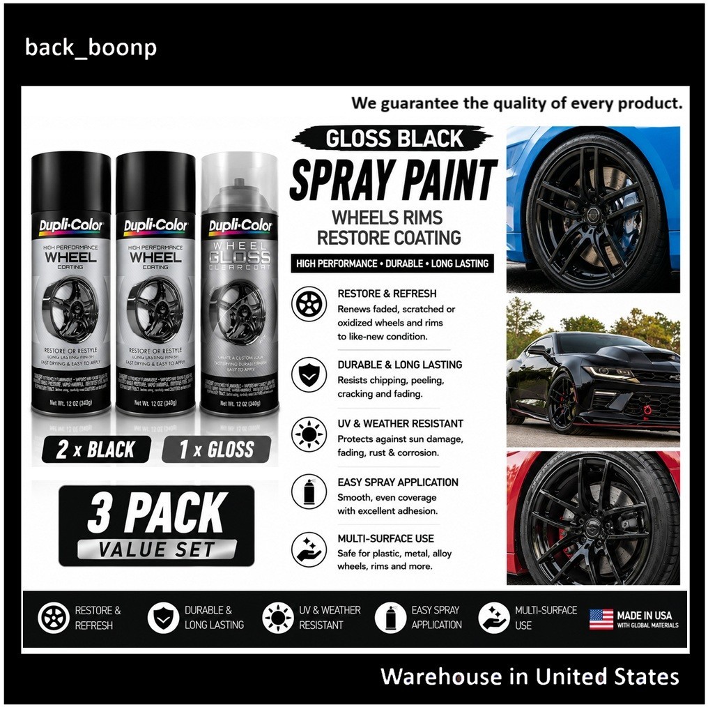 Gloss Black Spray Paint for Wheels Aluminum Alloy Steel Metal Plastic Restore 3P