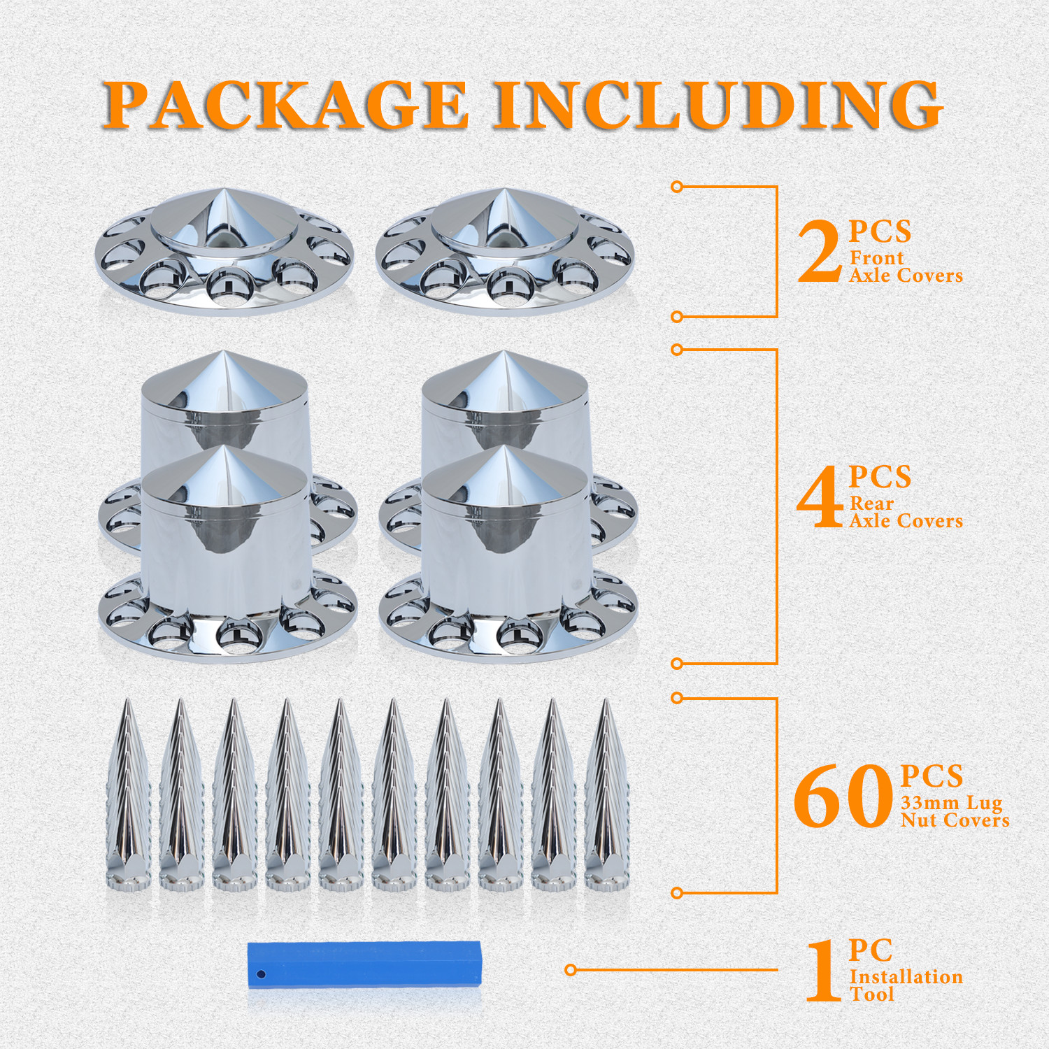 Chrome ABS 33mm Spiked Axle Cover w/ Thread-On Lug Nut Covers for Semi Trucks