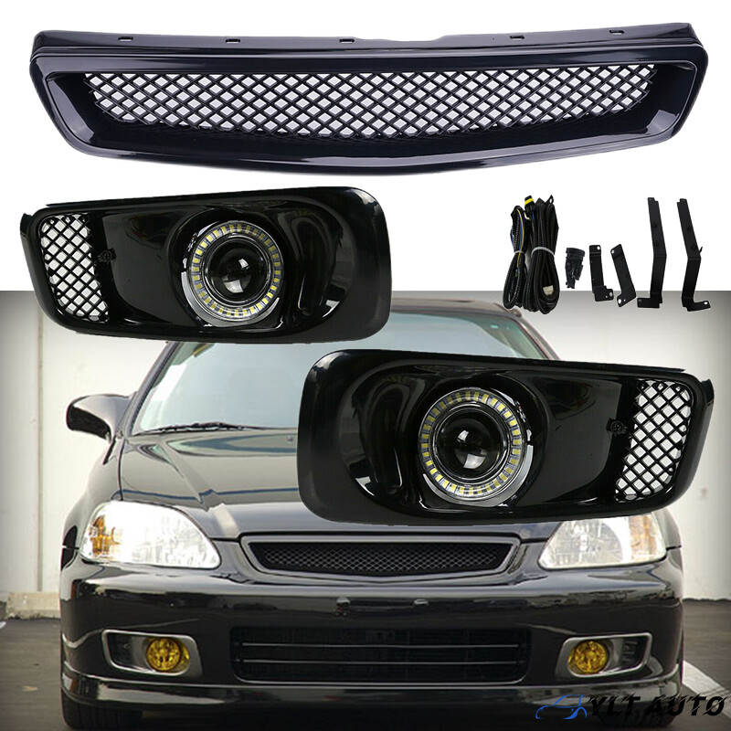 For 1999-2000 Honda Civic JDM Type R Front Bumper Grille+LED Fog Lights 3PCS