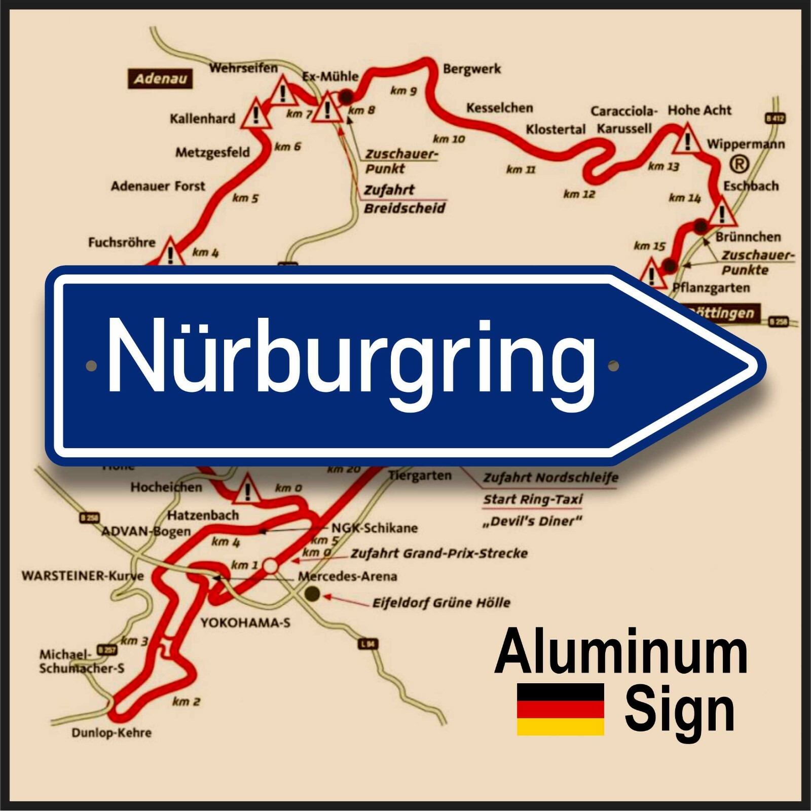 Nürburgring Exit Sign – German Racing Decor – Aluminum Nordschleife Marker