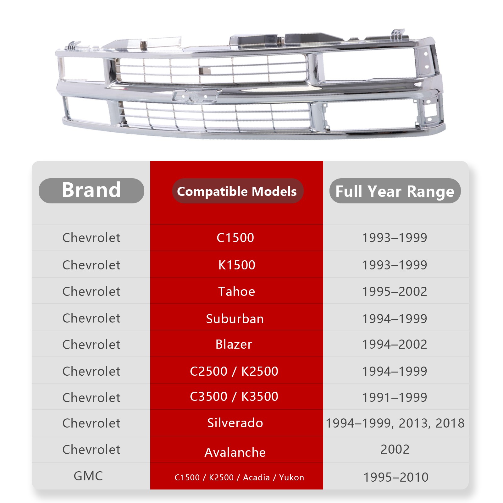 Chrome Grille w/Chromed Insert For 94-99 Chevy C/K Pickup Suburban Tahoe Blazer
