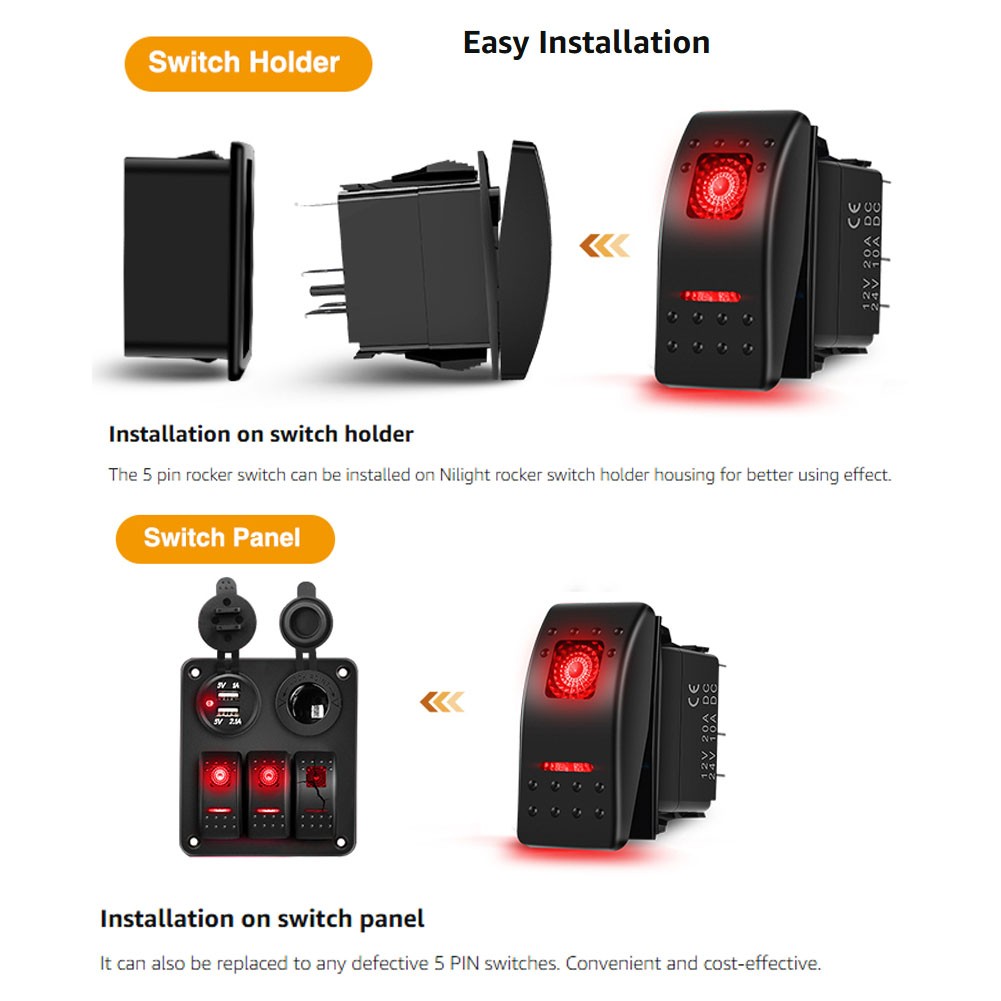 3 Pack Car Rocker Switches 5Pin SPST 20A/12V 10A/24V ON/Off with Jumper Wires