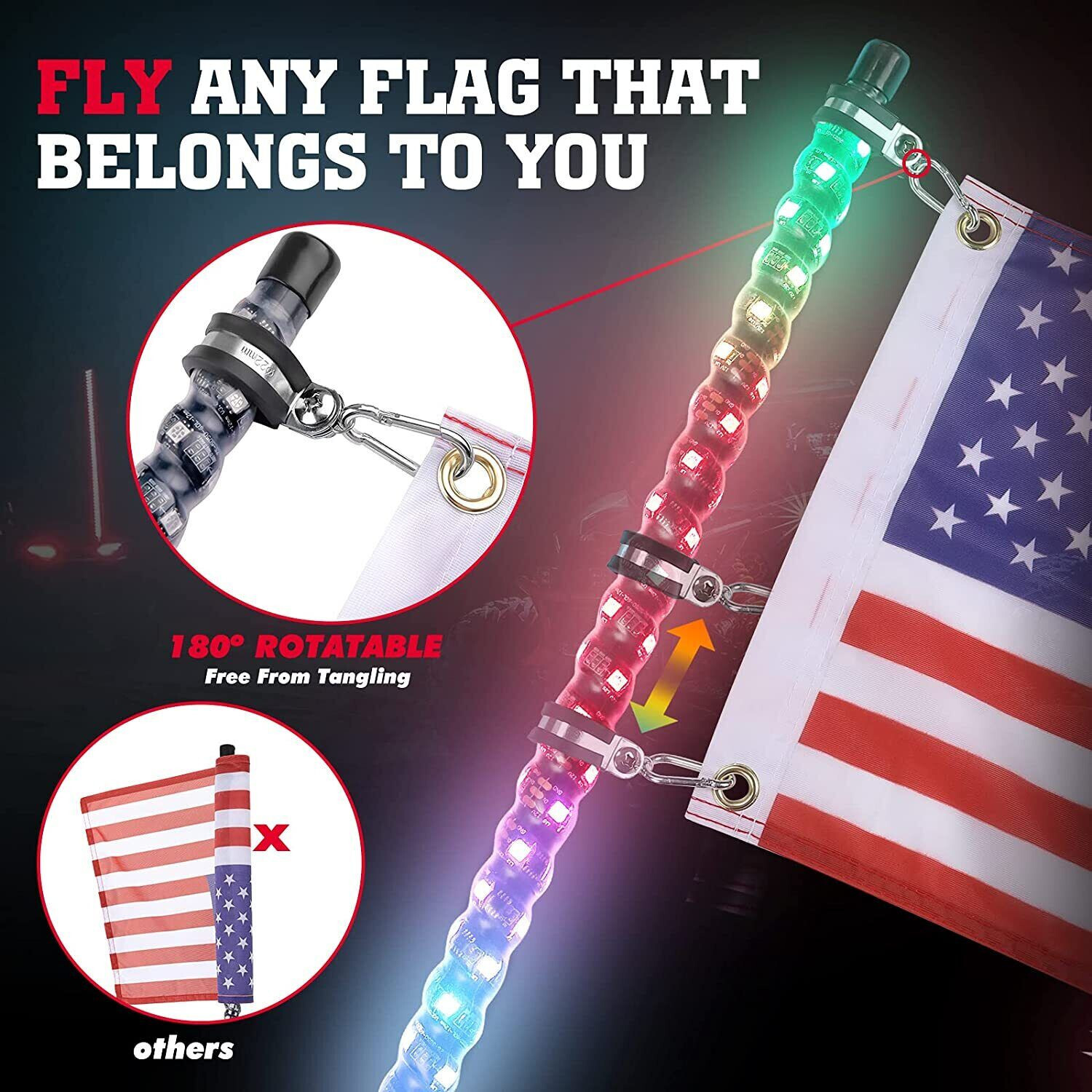 KEMIMOTO 2PC 4FT 366 Modes Whip Light Spiral LED Antenna w/Flag&Remote UTV ATV