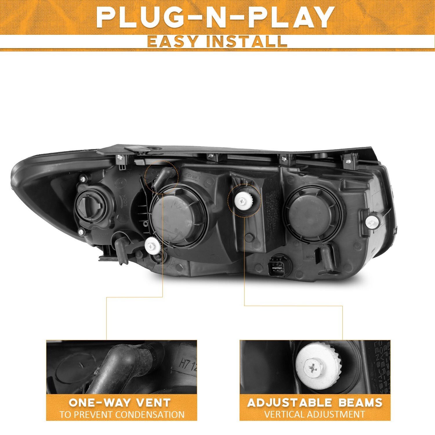 WEELMOTO Pair Headlights for 2007-2012 Hyundai Santa Fe Halogen Black Headlamps