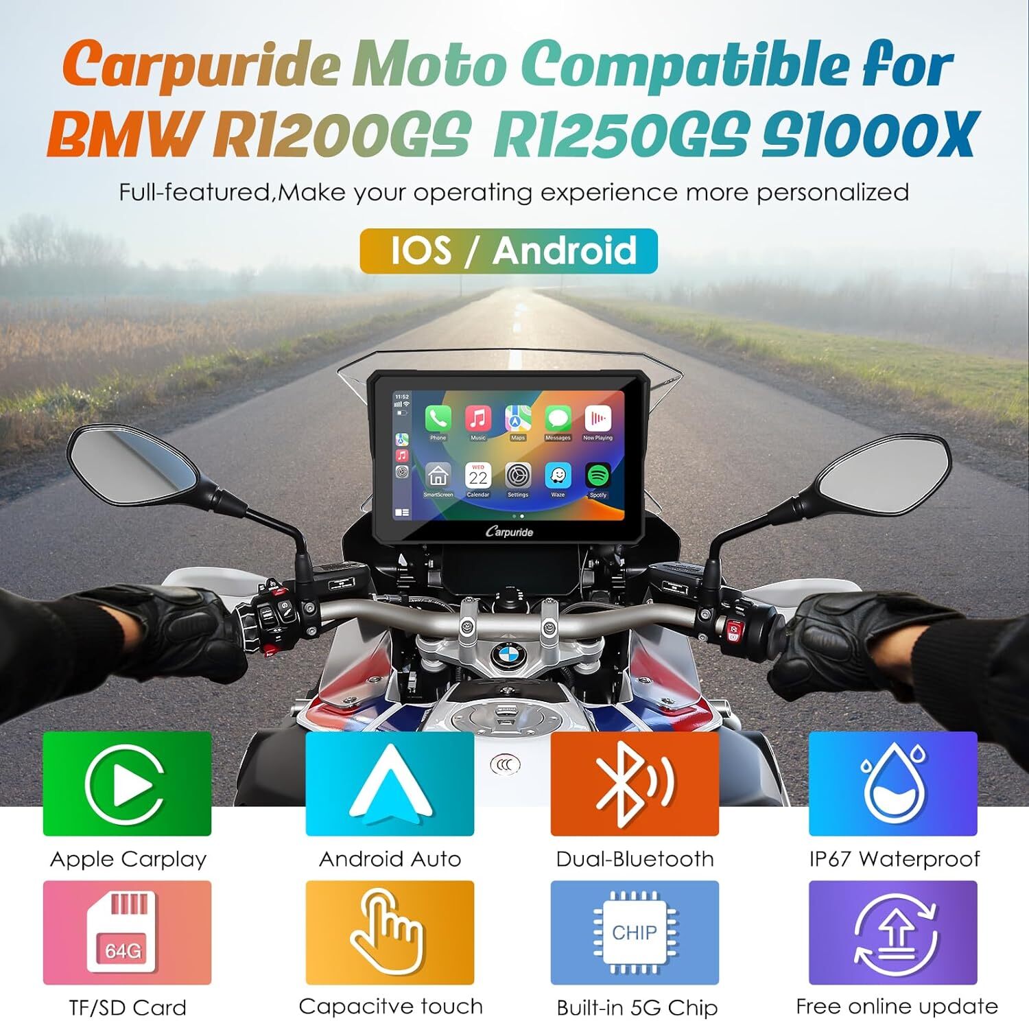 Carpuride W702B Wireless Carplay Android Auto Waterproof Screen GPS For BMW Moto