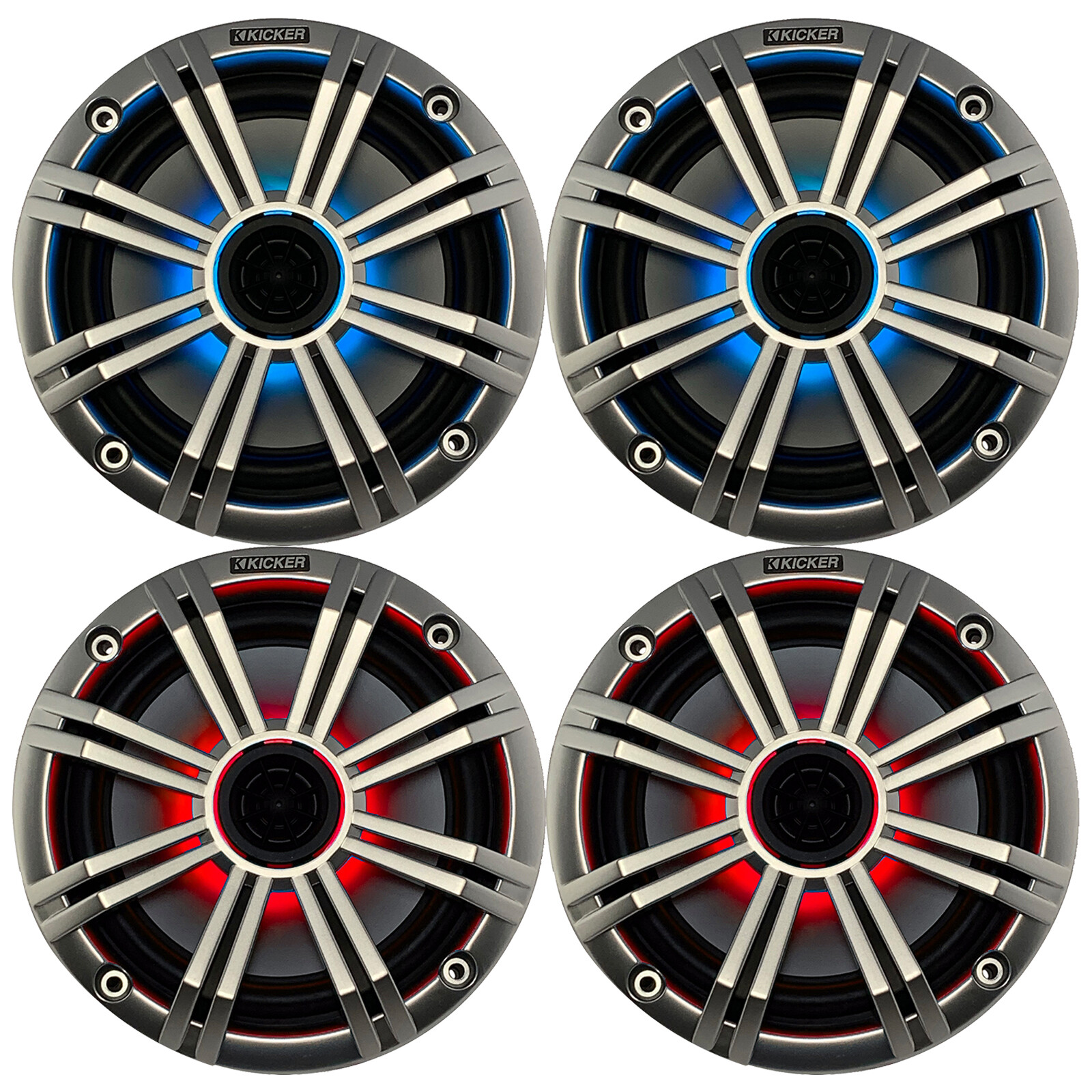 4x of Kicker 8″ OEM Marine Coaxial Silver Speakers with MultiColor LED Lighting