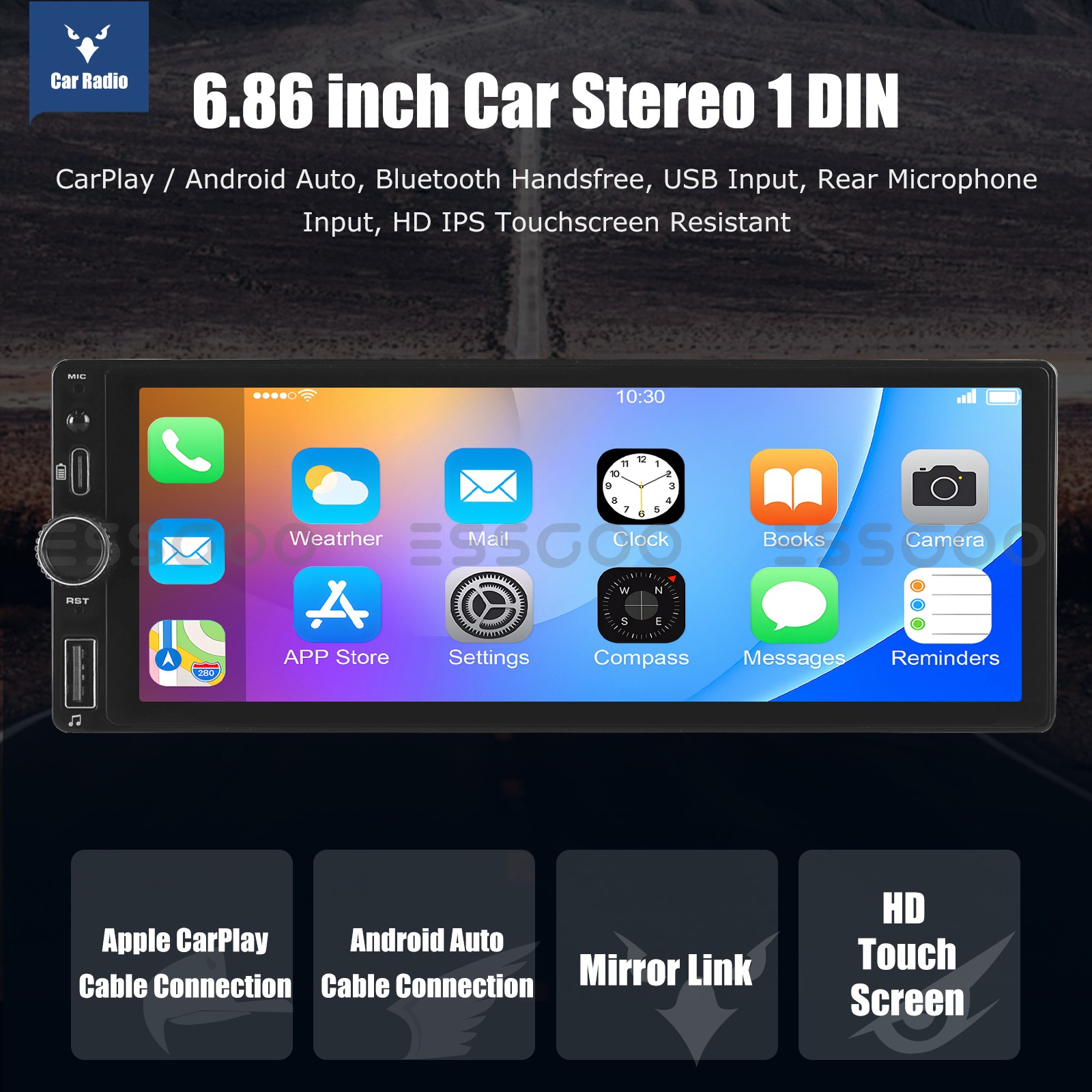 6.86″ 1 DIN Car MP5 Player Touch Screen Car Radio Stereo USB Carplay SWC+MIC&CAM