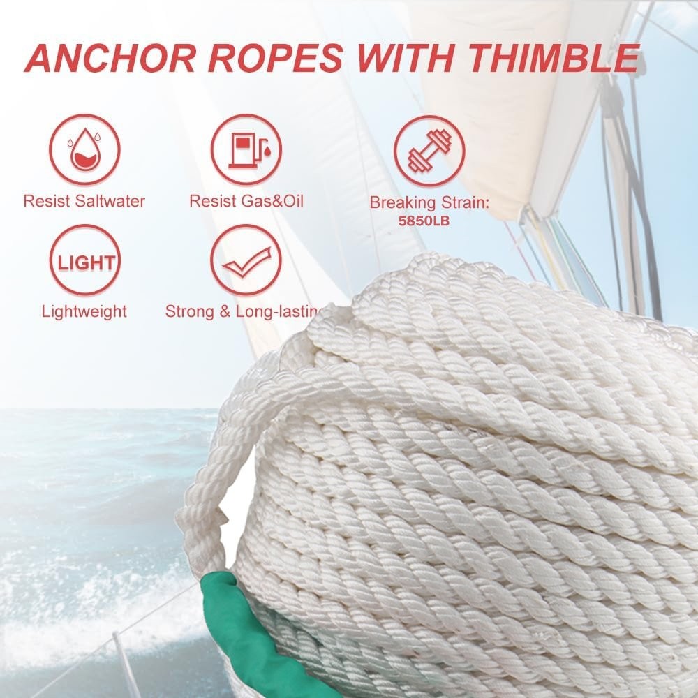 1/2″ 200FT 3 Strand Braided Nylon Anchor Rope Twisted w/ Thimble Dock Boat Line