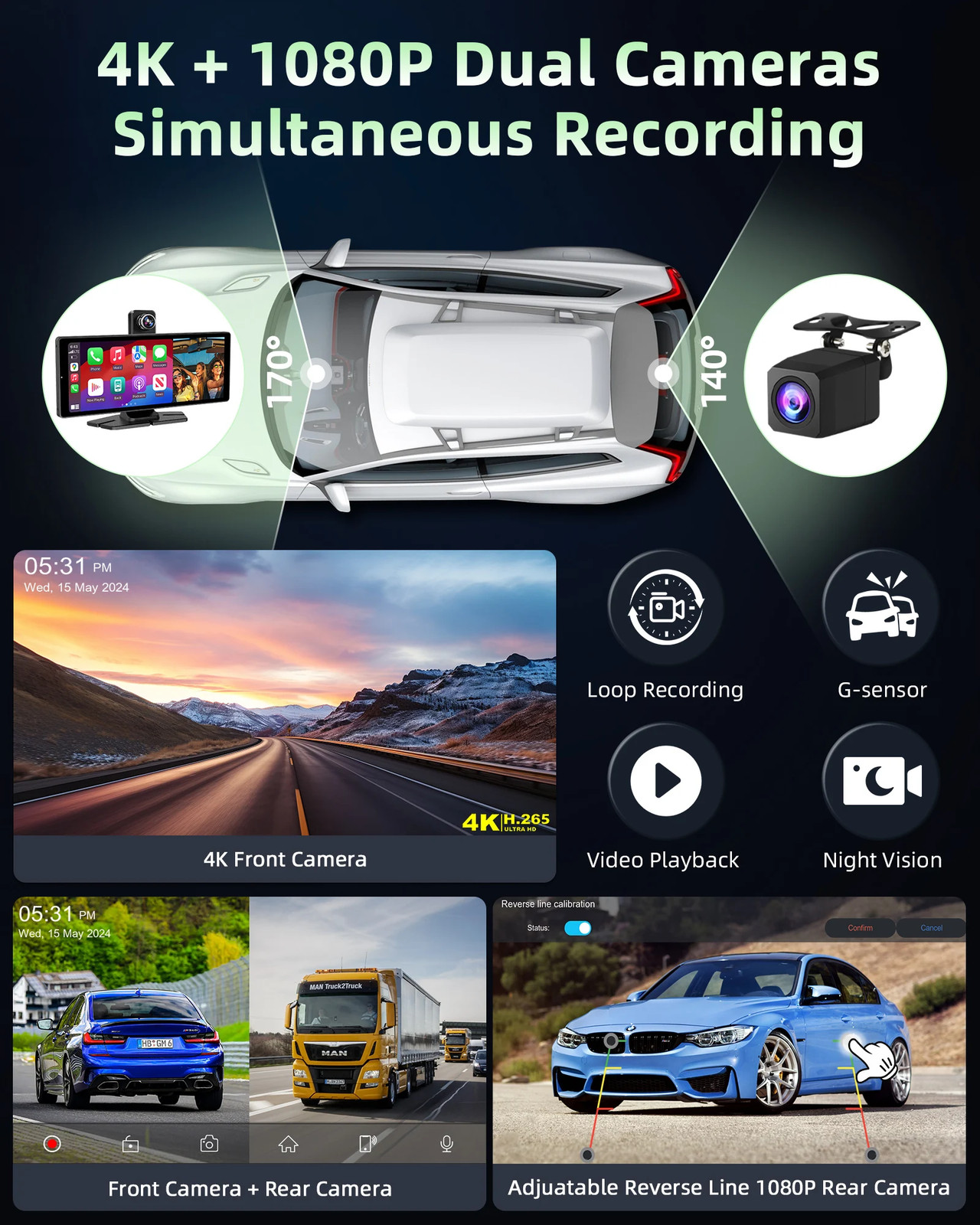 10.26″ 4K Dashcam 360° Rotating Lens Car DVR Wireless Carplay Android Auto GPS