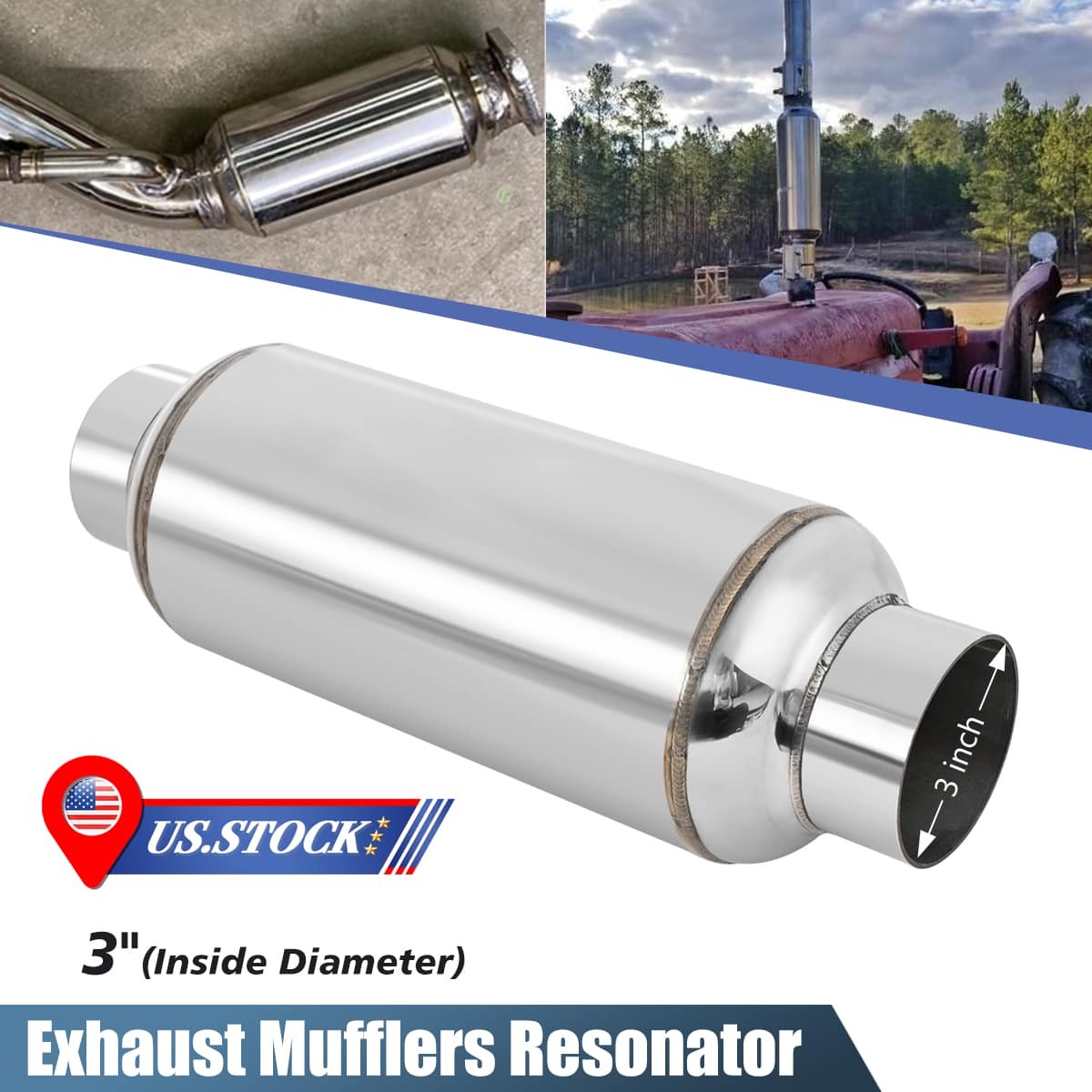 1PC Exhaust Muffler / Resonator Stainless Steel 3″ IN 3″ OUT 12″ Overall Length