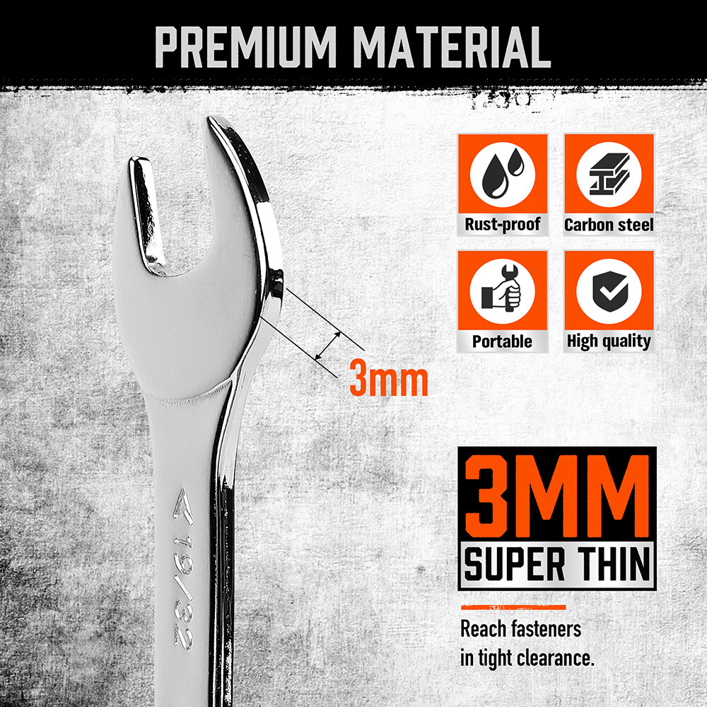9PC Super-Thin Open End Wrench Set SAE 1/4″ – 1/16″ Slim Spanner Rolling Pouch