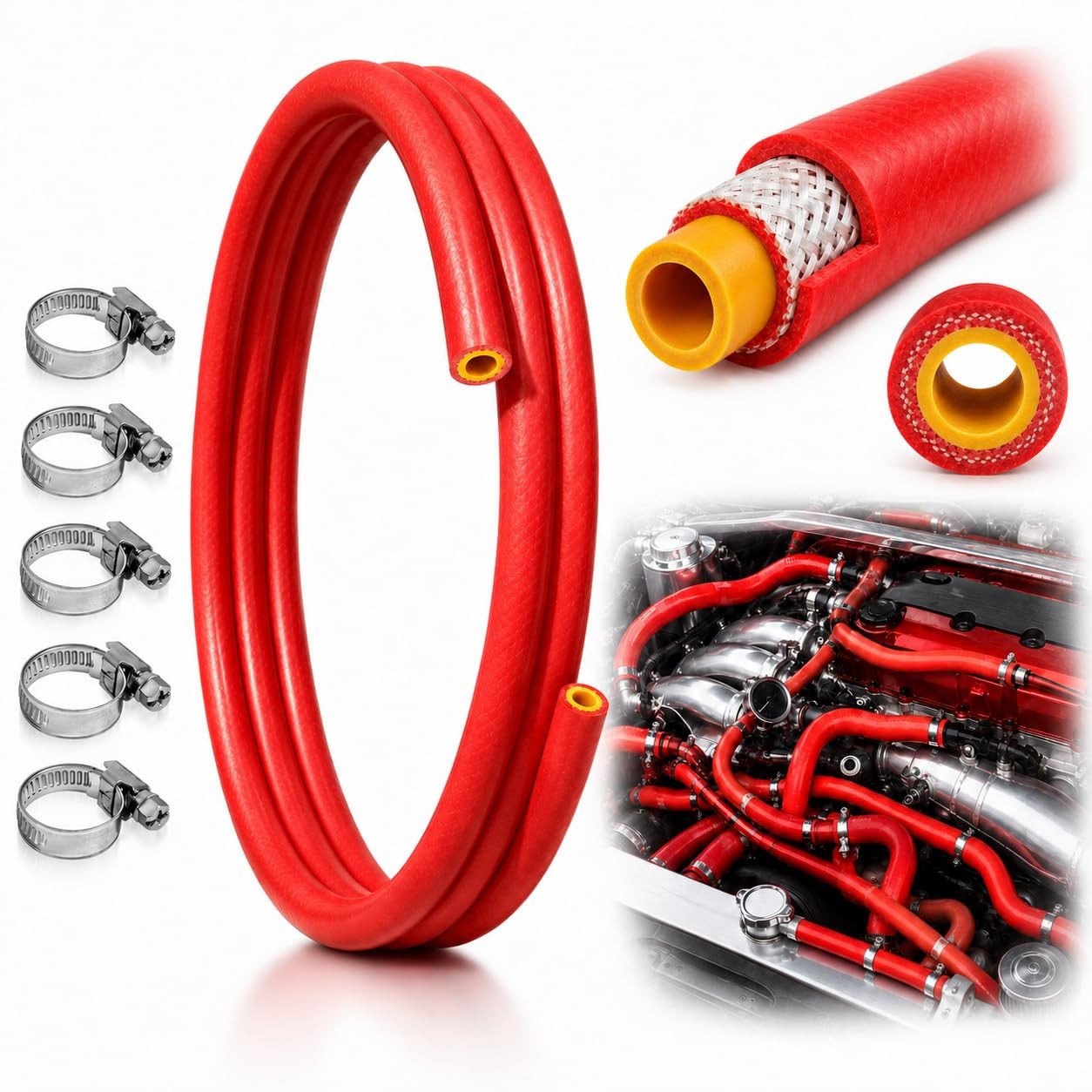 5/8″ (16mm) High-Temp Silicone Heater Hose Kit, ID-5FT (ID 16mm), Red